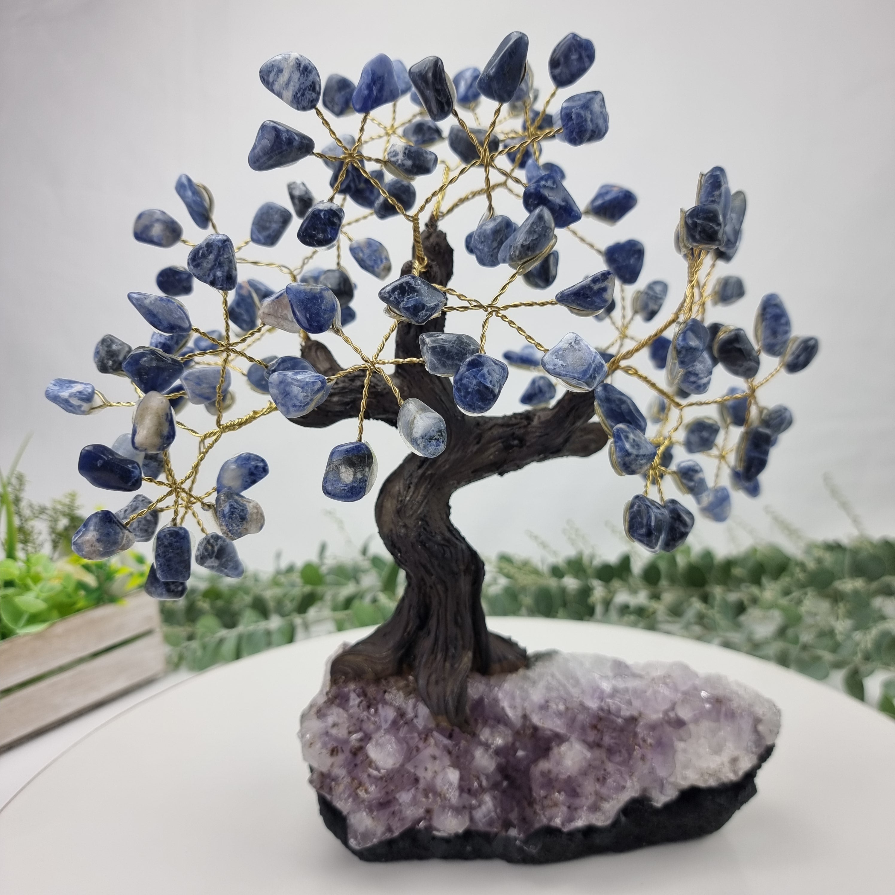 Árbol de SODALITA Natural | 120 Piedras, 24 ramas | Base de Amatista de 20 cm de altura - Pieza Artesanal BR Crystals
