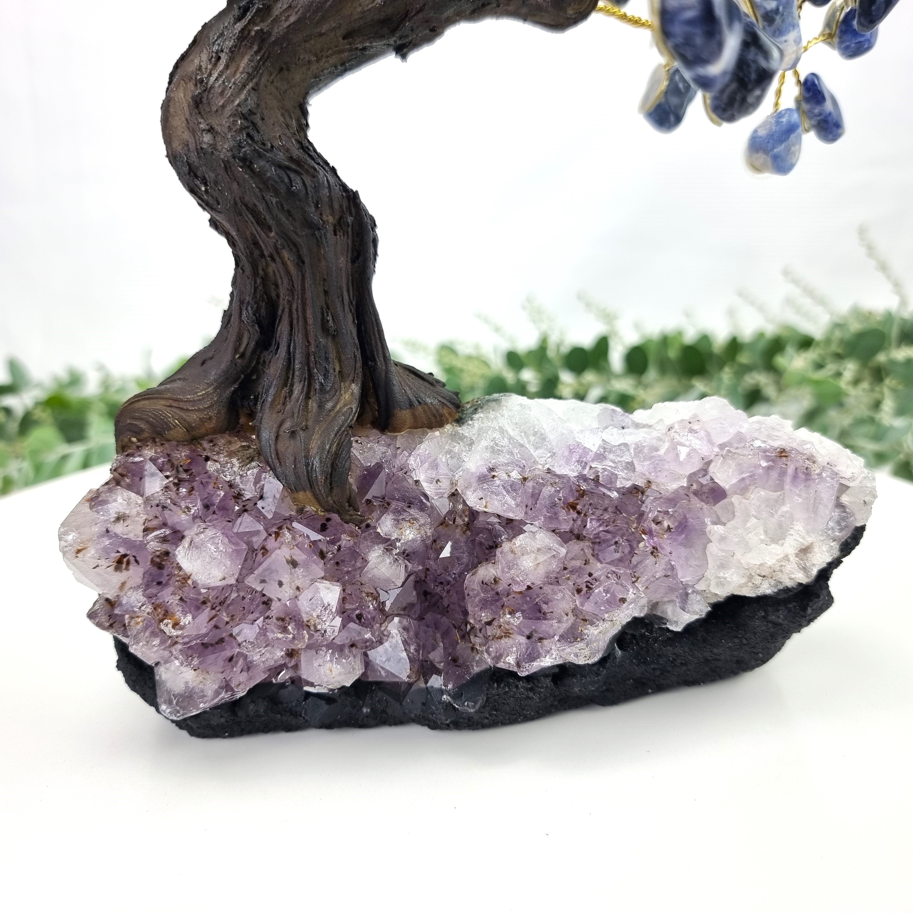 Sodalite Gemstone Tree 9" Tall Handmade on a Amethyst base, 120 Gems and 24 Branches