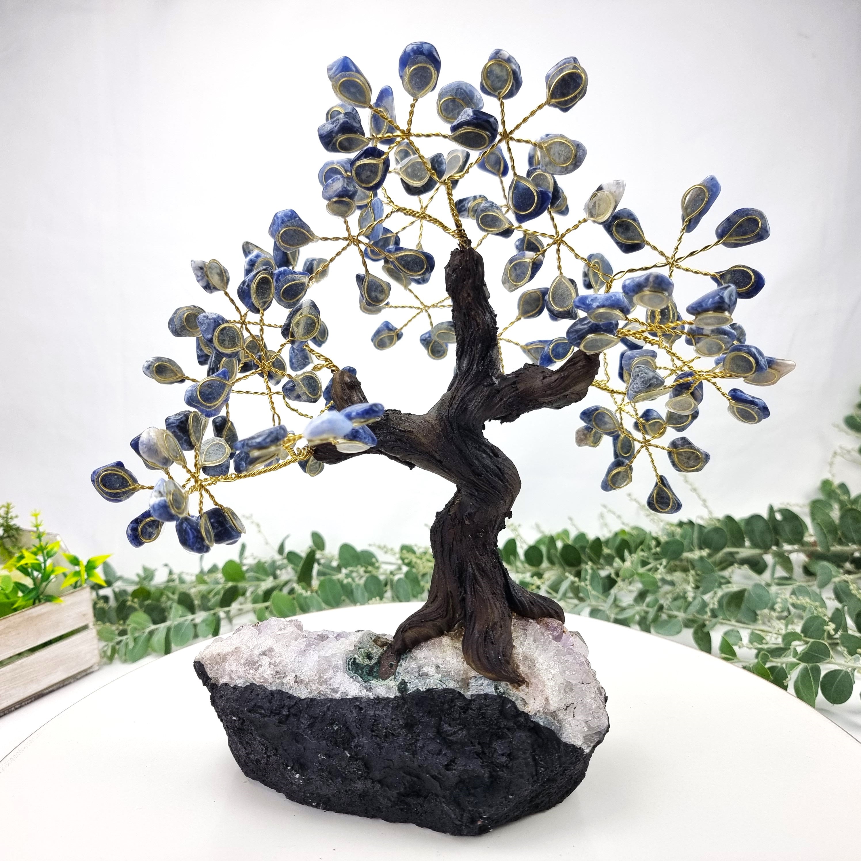 Sodalite Gemstone Tree 9" Tall Handmade on a Amethyst base, 120 Gems and 24 Branches