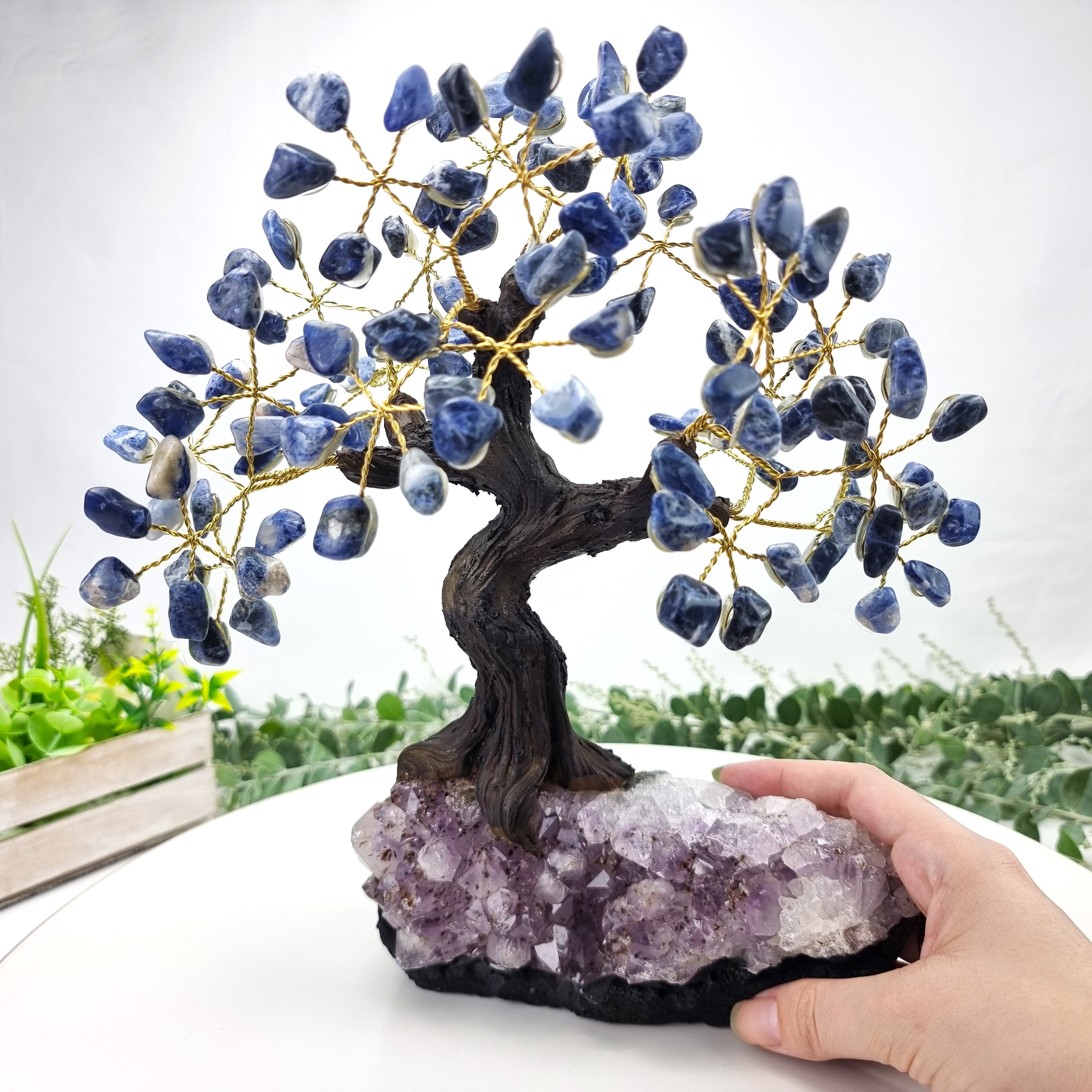 Sodalite Gemstone Tree 9" Tall Handmade on a Amethyst base, 120 Gems and 24 Branches