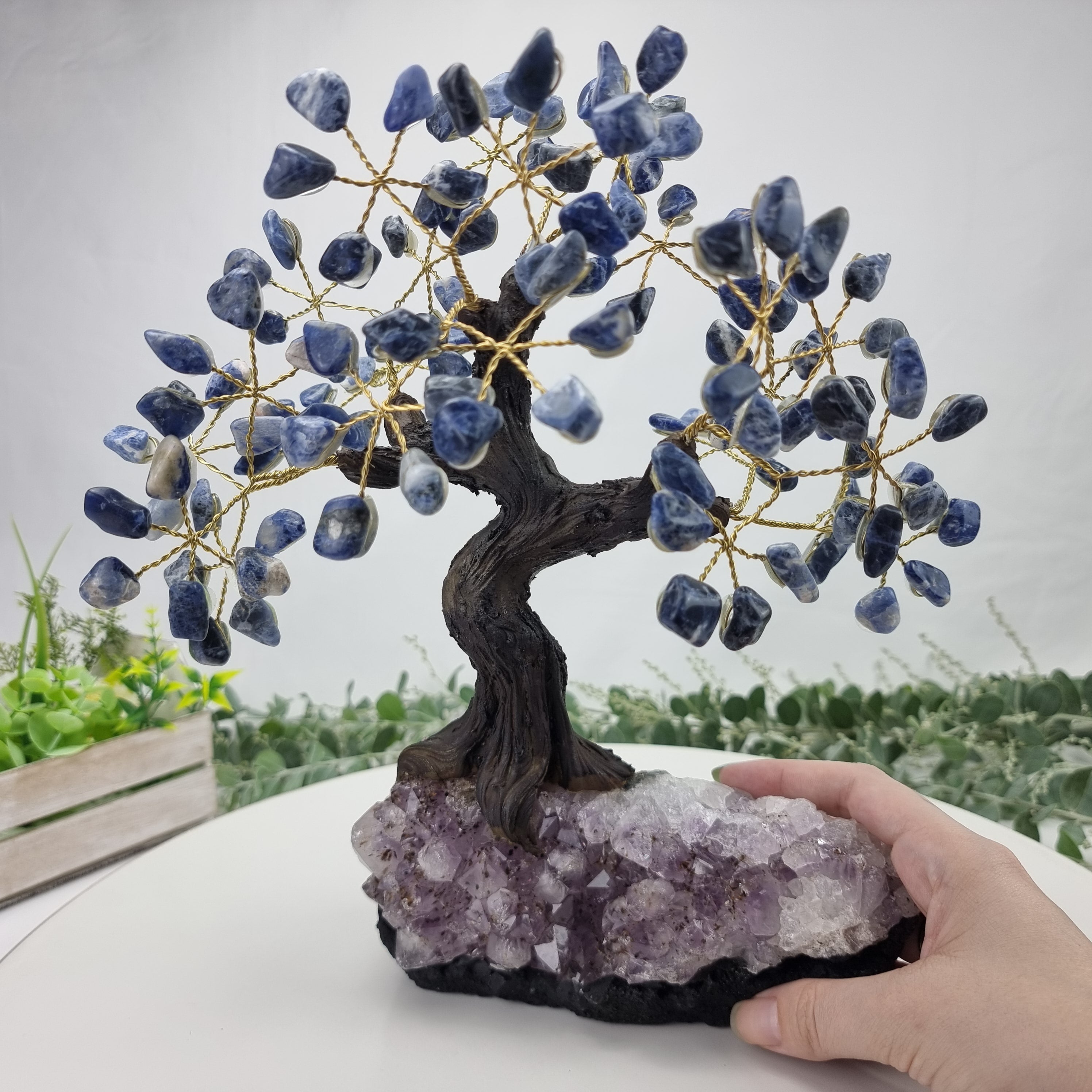 Árbol de SODALITA Natural | 120 Piedras, 24 ramas | Base de Amatista de 20 cm de altura - Pieza Artesanal BR Crystals