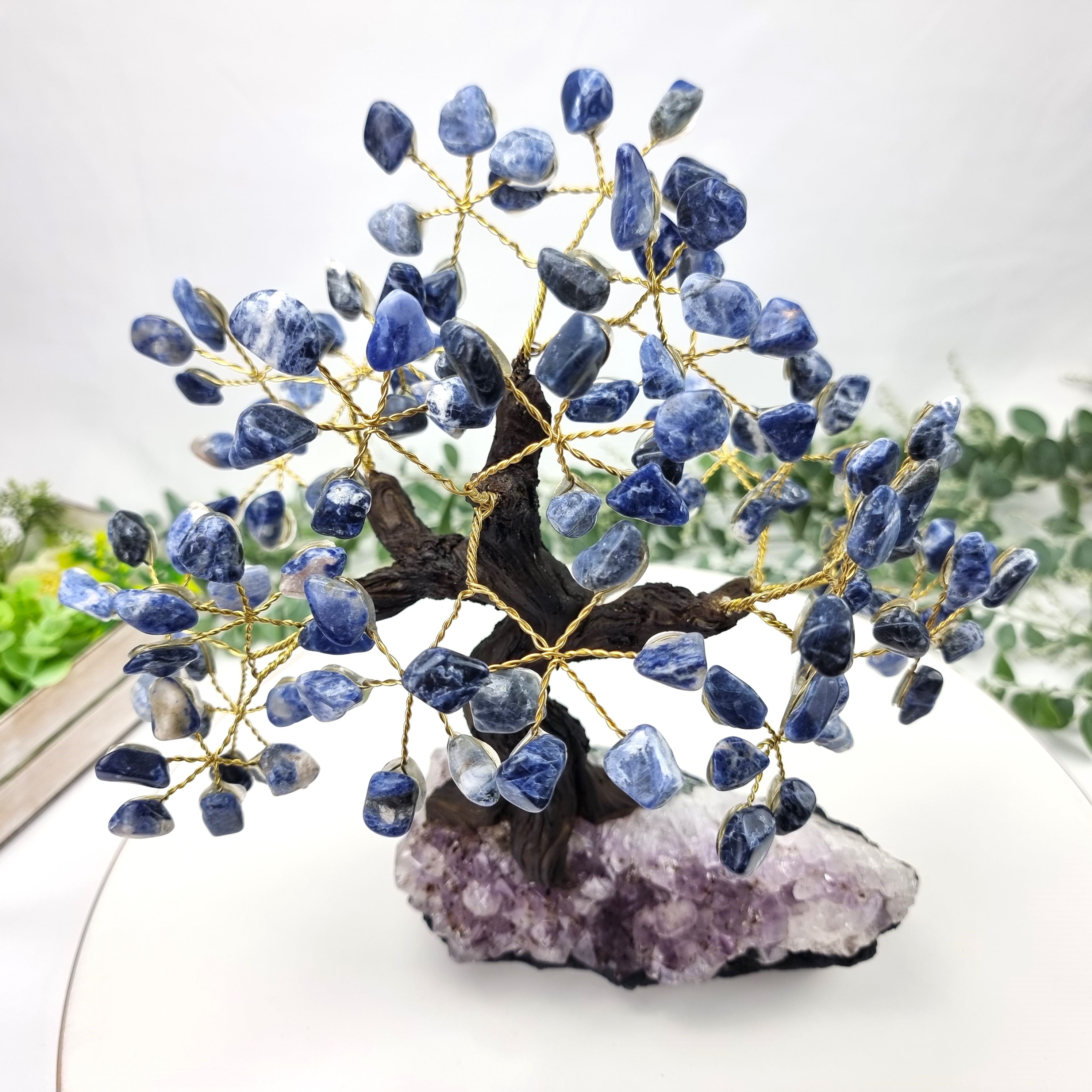Sodalite Gemstone Tree 9" Tall Handmade on a Amethyst base, 120 Gems and 24 Branches