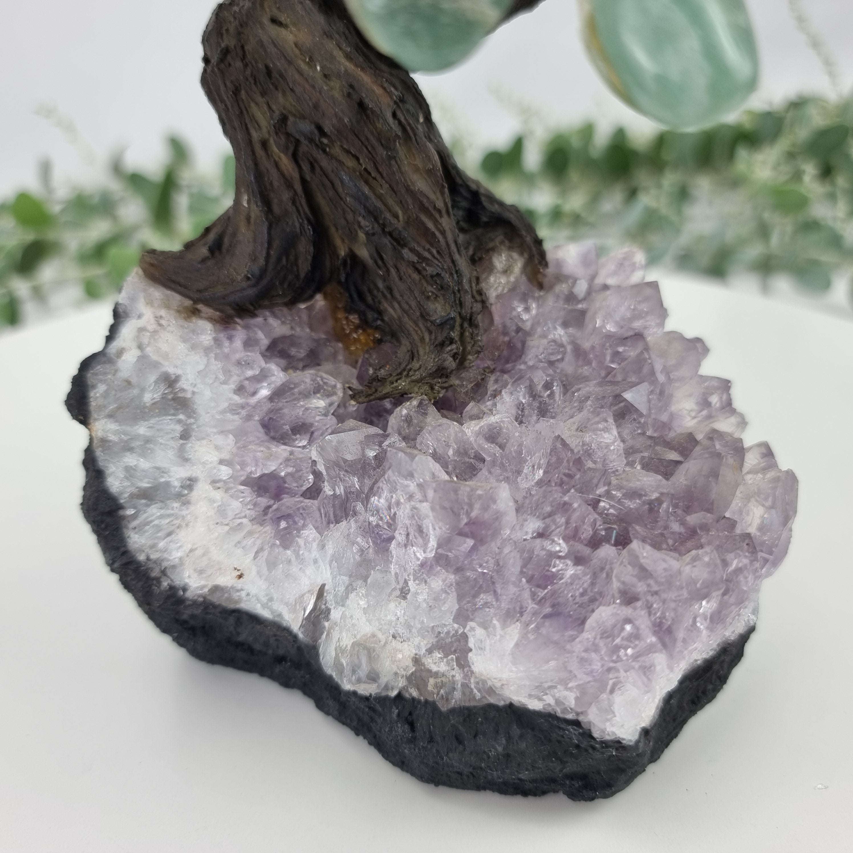 Green Quartz Gemstone Tree 9" Tall Handmade on a Amethyst base, 120 Gems and 24 Branches