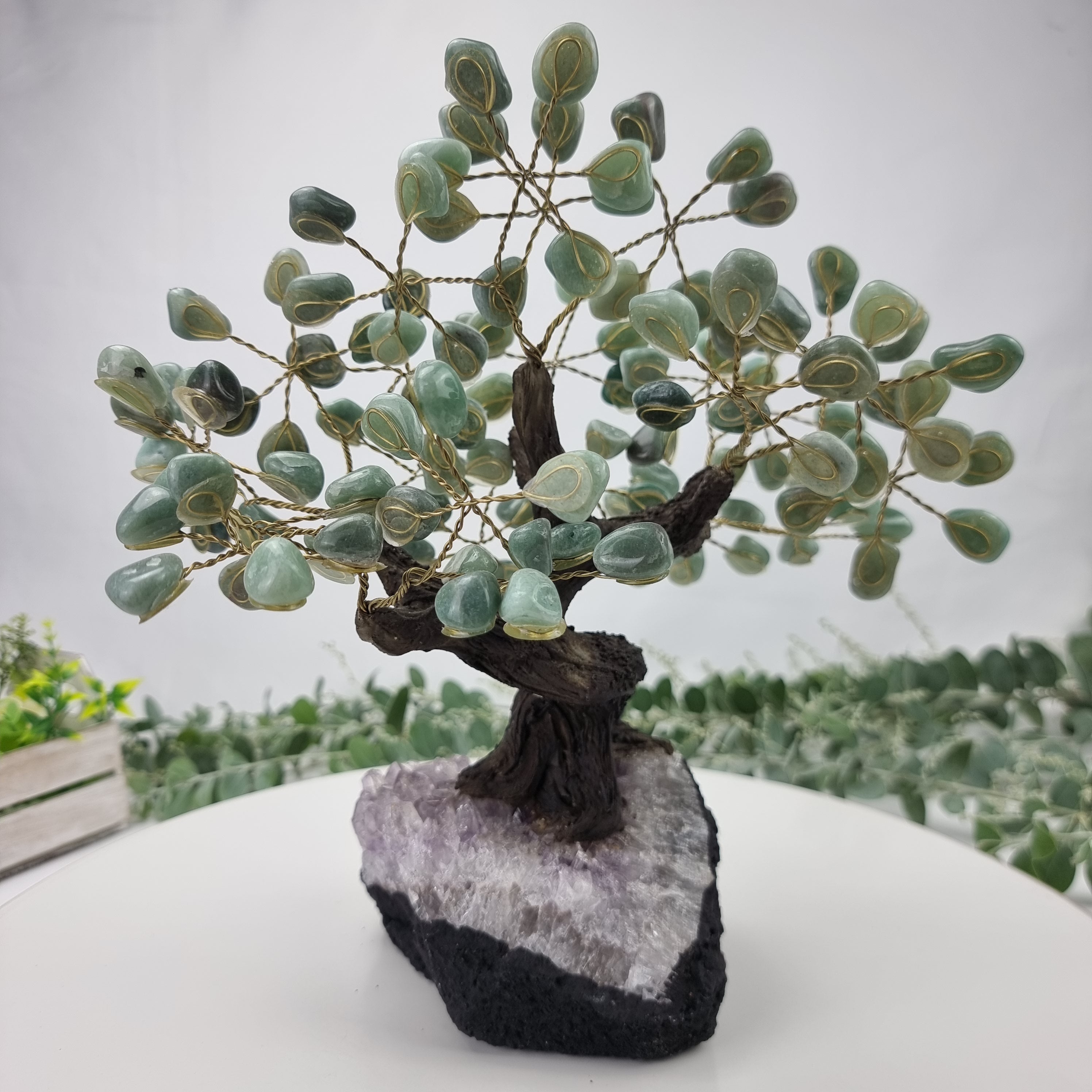 Green Quartz Gemstone Tree 9" Tall Handmade on a Amethyst base, 120 Gems and 24 Branches