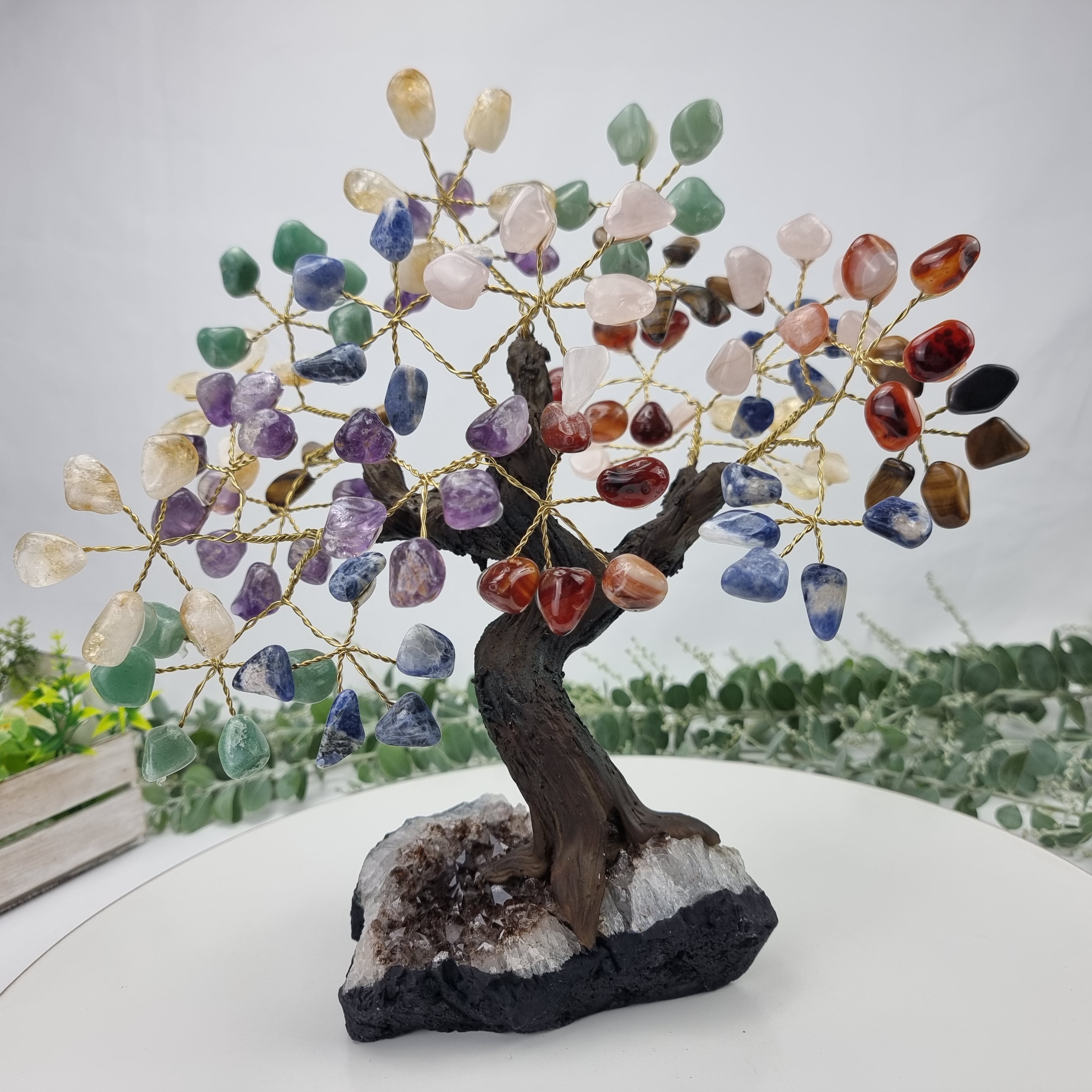 7 Chakra Gemstone Tree 9" Tall Handmade on a Amethyst base, 120 Gems and 24 Branches