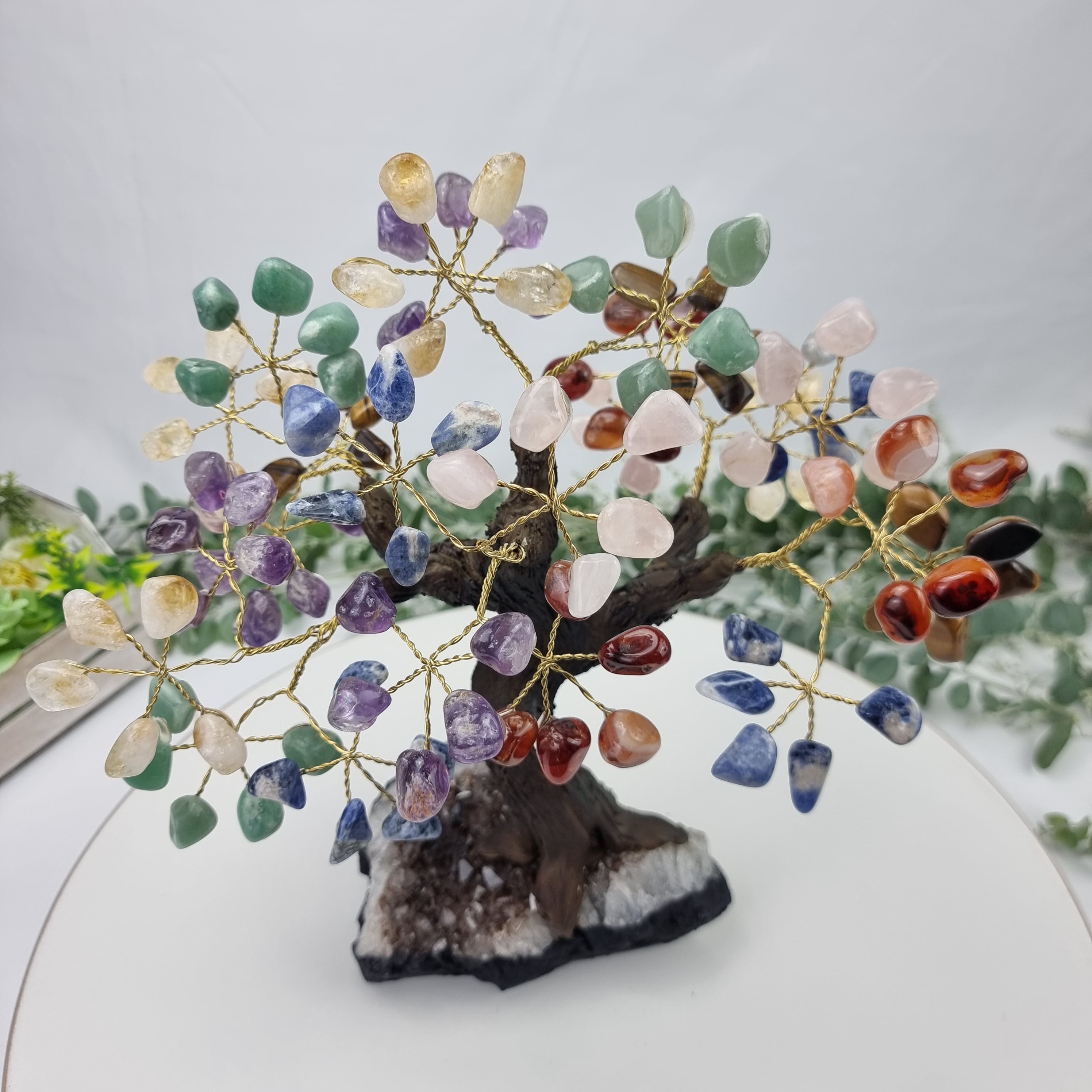 7 Chakra Gemstone Tree 9" Tall Handmade on a Amethyst base, 120 Gems and 24 Branches