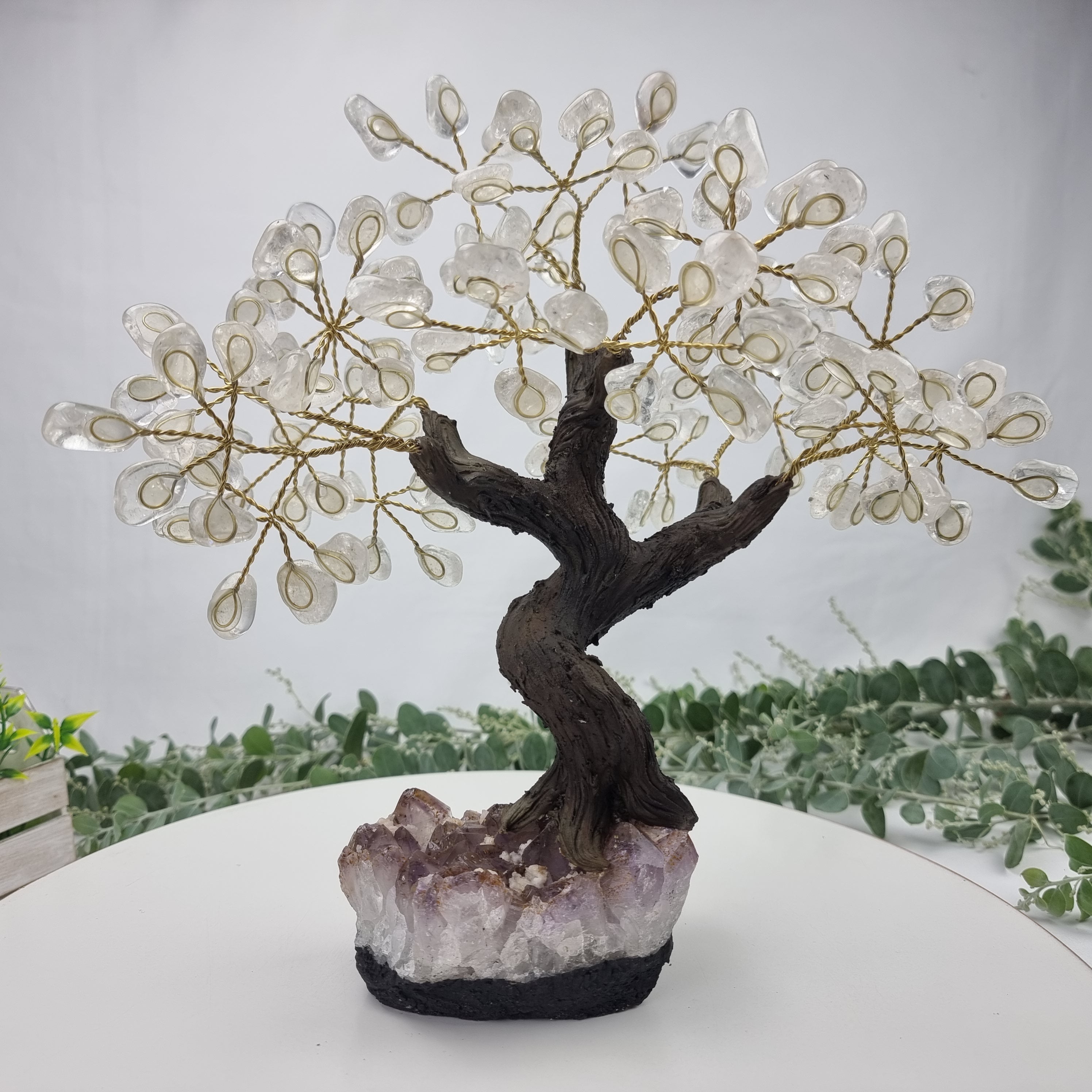 Crystal Quartz Gemstone Tree 9" Tall Handmade on a Amethyst base, 120 Gems and 24 Branches