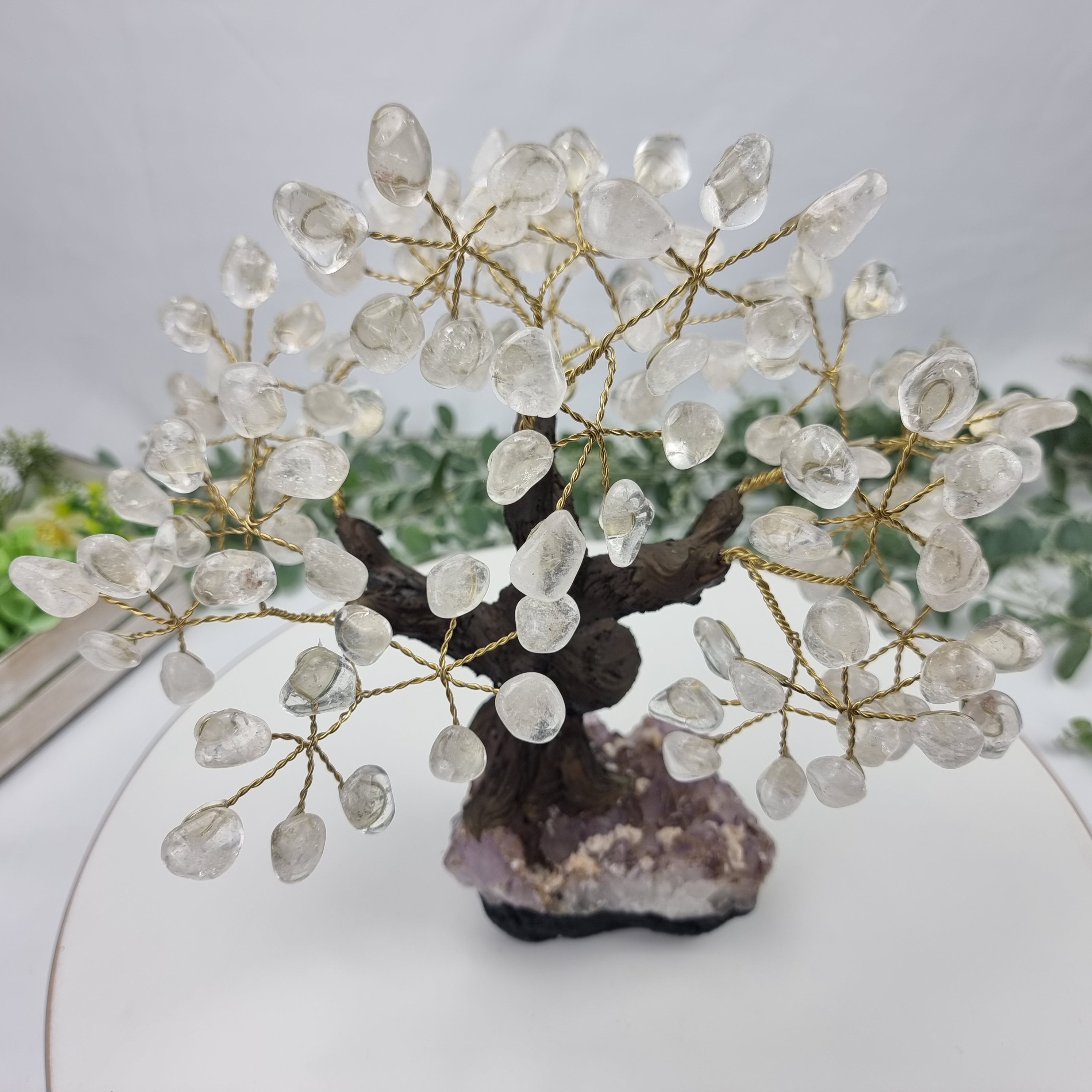 Crystal Quartz Gemstone Tree 9" Tall Handmade on a Amethyst base, 120 Gems and 24 Branches