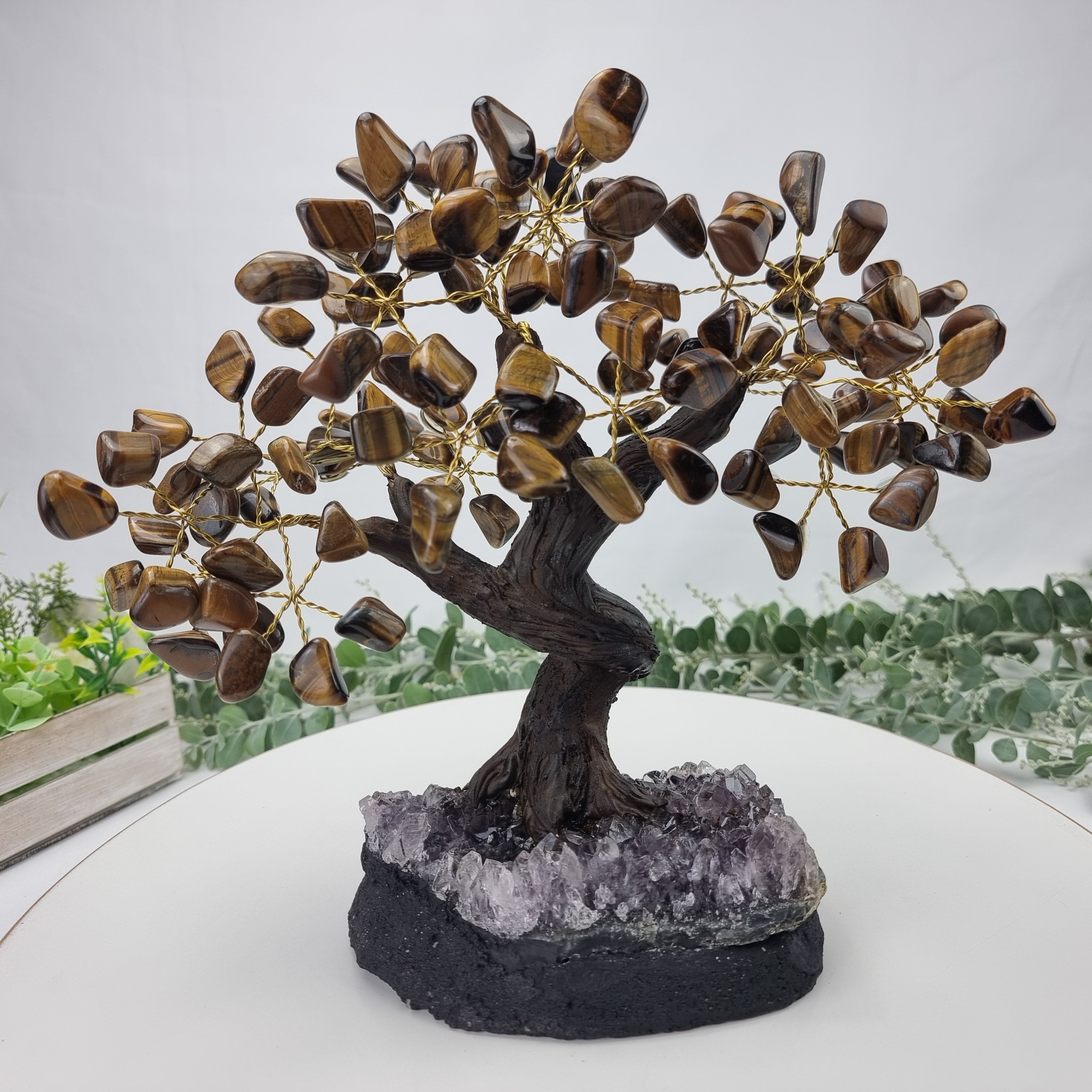 Tiger's Eye Gemstone Tree 9" Tall Handmade on a Amethyst base, 120 Gems and 24 Branches