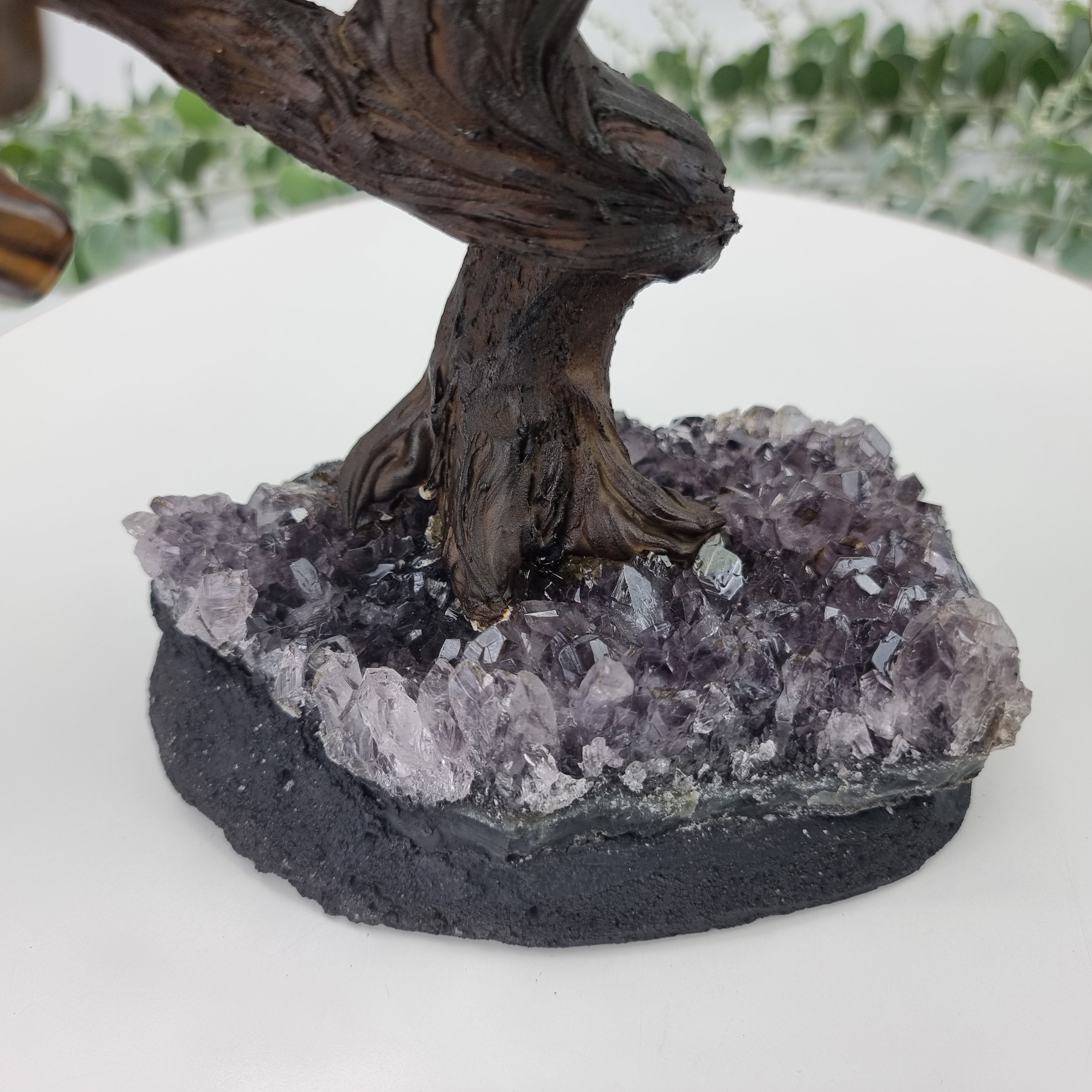 Tiger's Eye Gemstone Tree 9" Tall Handmade on a Amethyst base, 120 Gems and 24 Branches