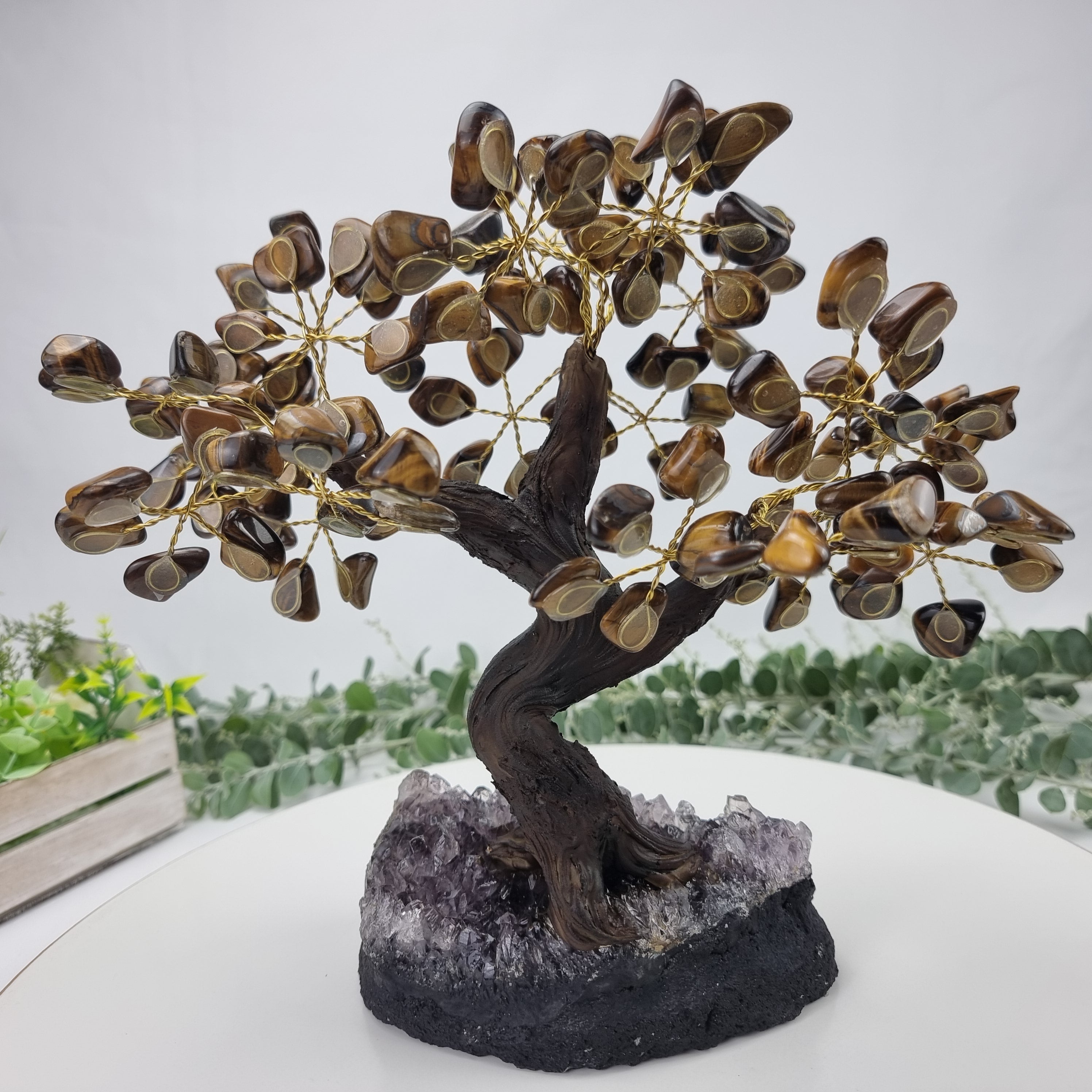 Tiger's Eye Gemstone Tree 9" Tall Handmade on a Amethyst base, 120 Gems and 24 Branches