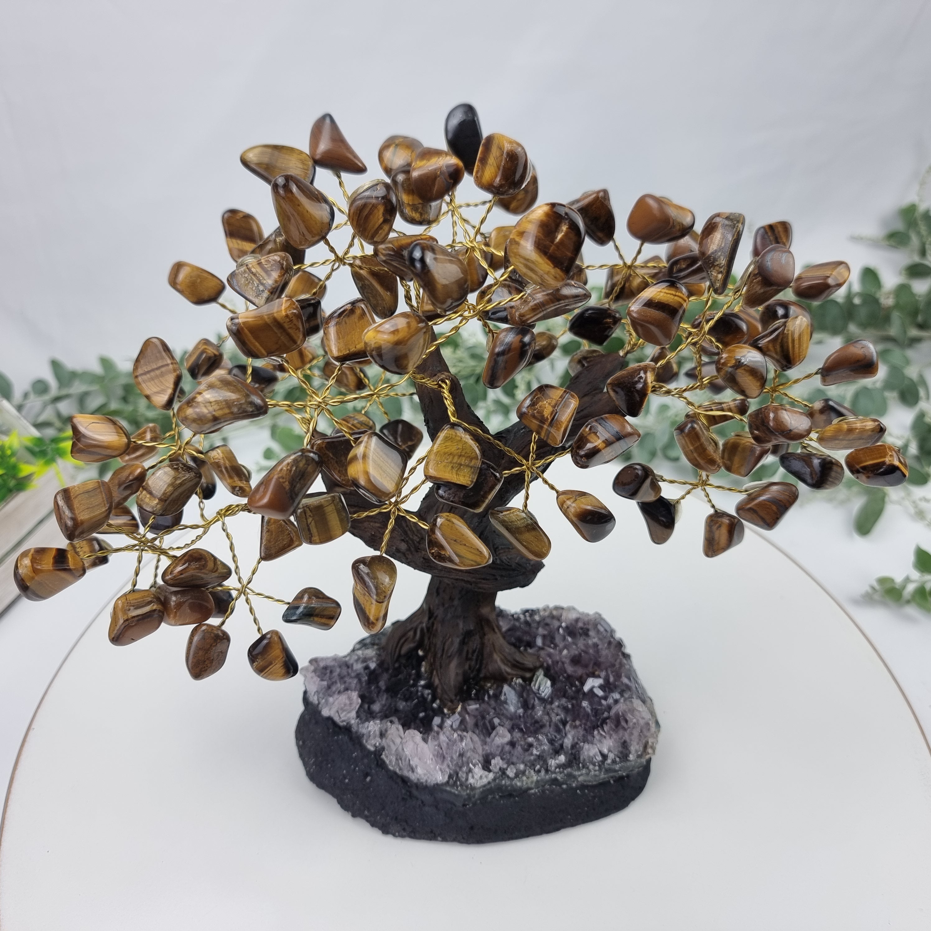 Tiger's Eye Gemstone Tree 9" Tall Handmade on a Amethyst base, 120 Gems and 24 Branches