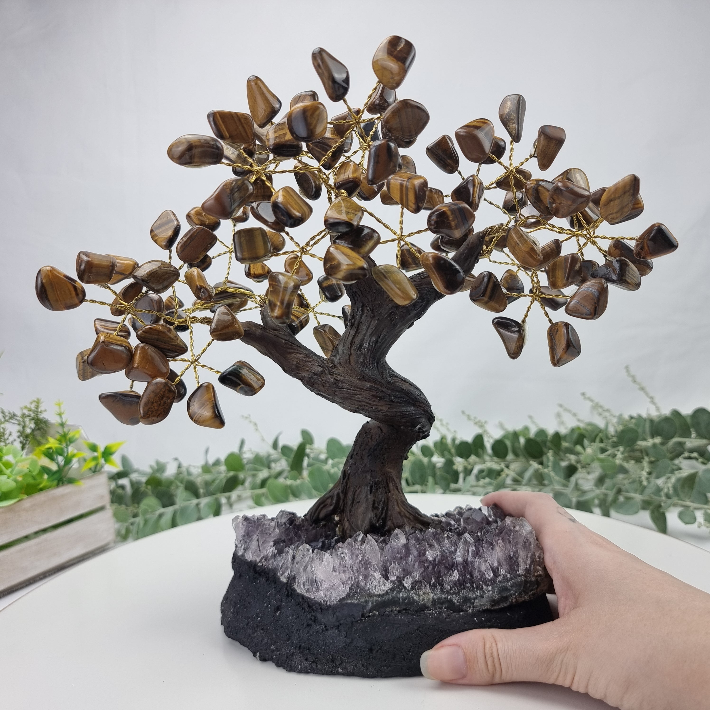 Tiger's Eye Gemstone Tree 9" Tall Handmade on a Amethyst base, 120 Gems and 24 Branches