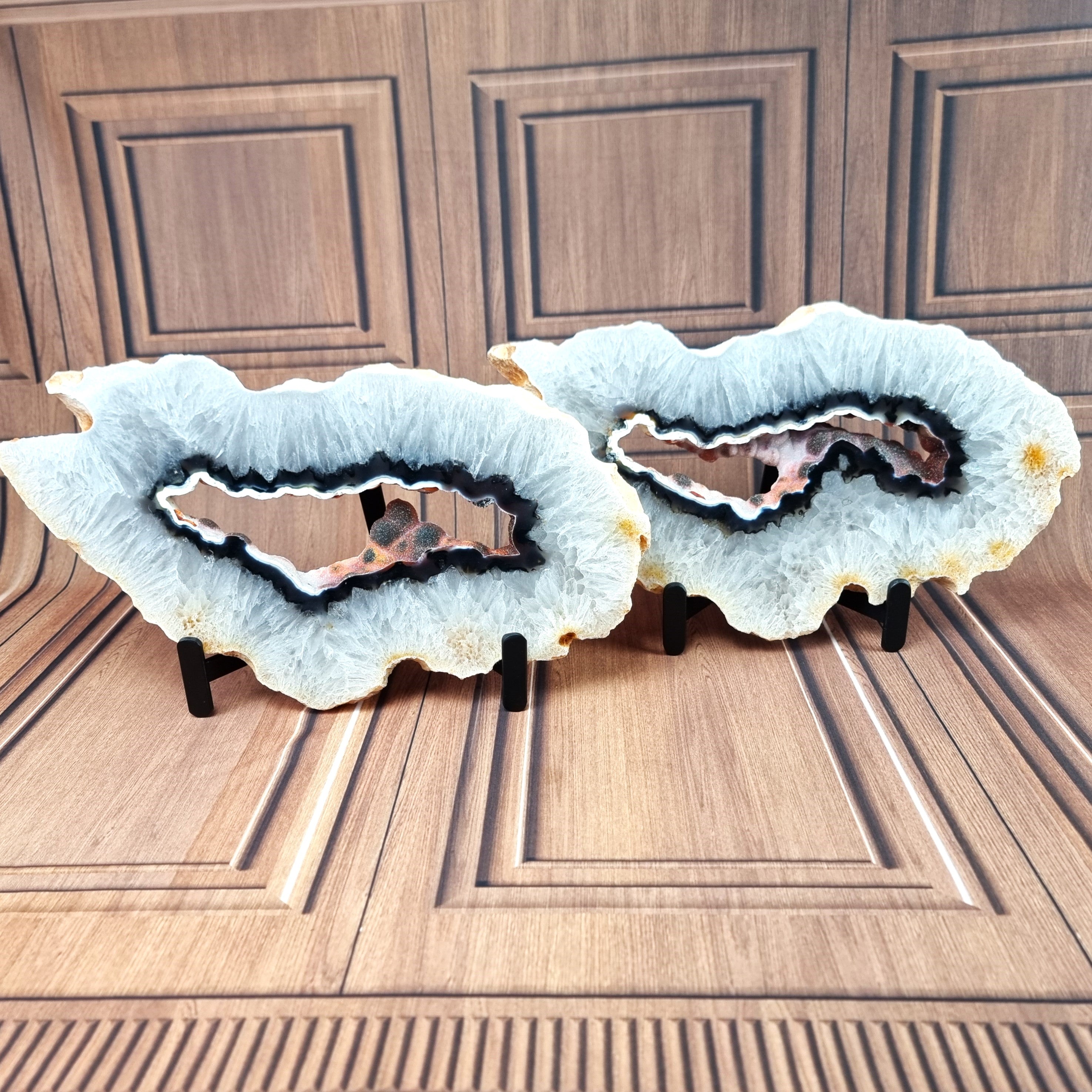 Large Agate 2 piece slab on Stand - Natural Agate Geode Slice - 2 piece set of natural agate slices on metal stand