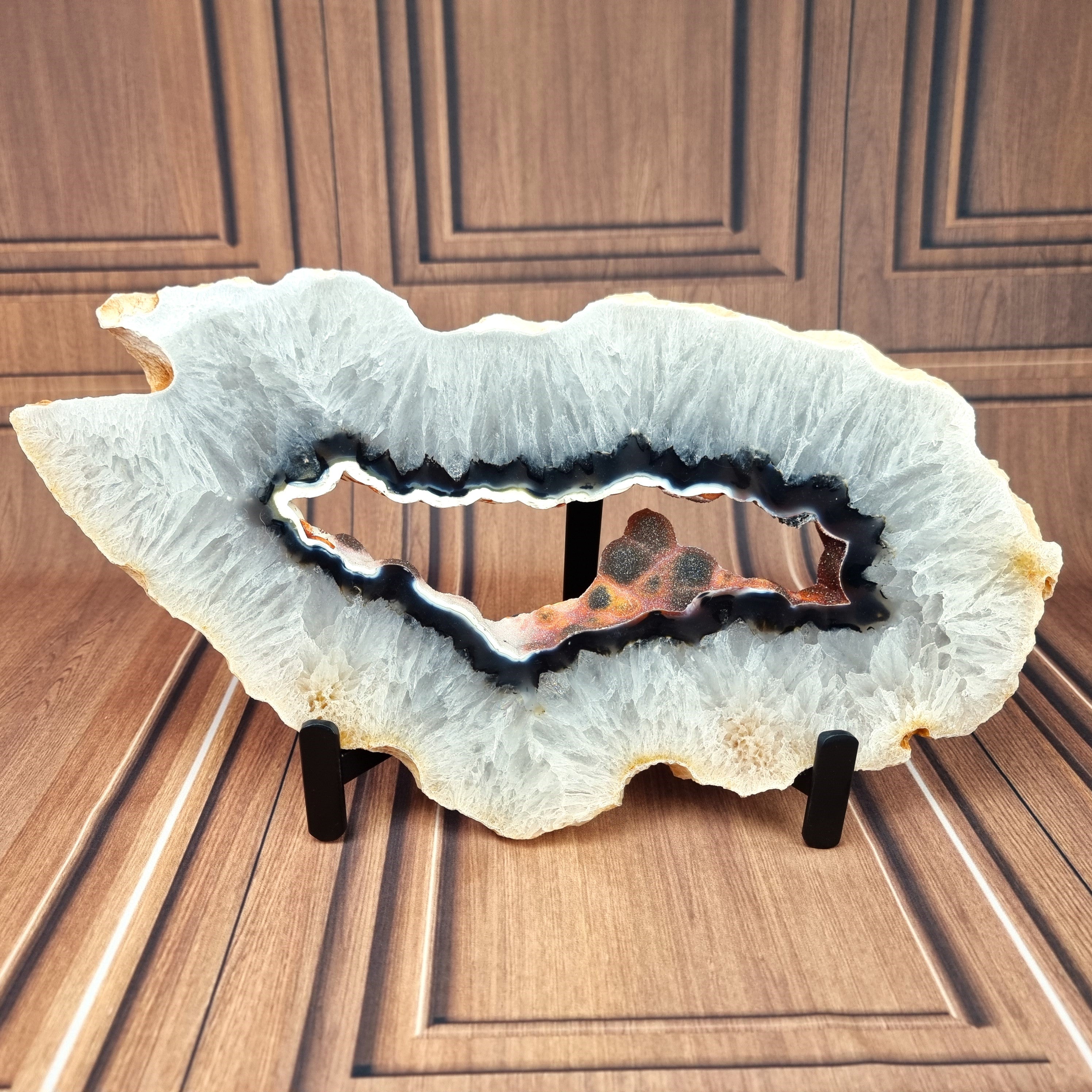 Large Agate 2 piece slab on Stand - Natural Agate Geode Slice - 2 piece set of natural agate slices on metal stand