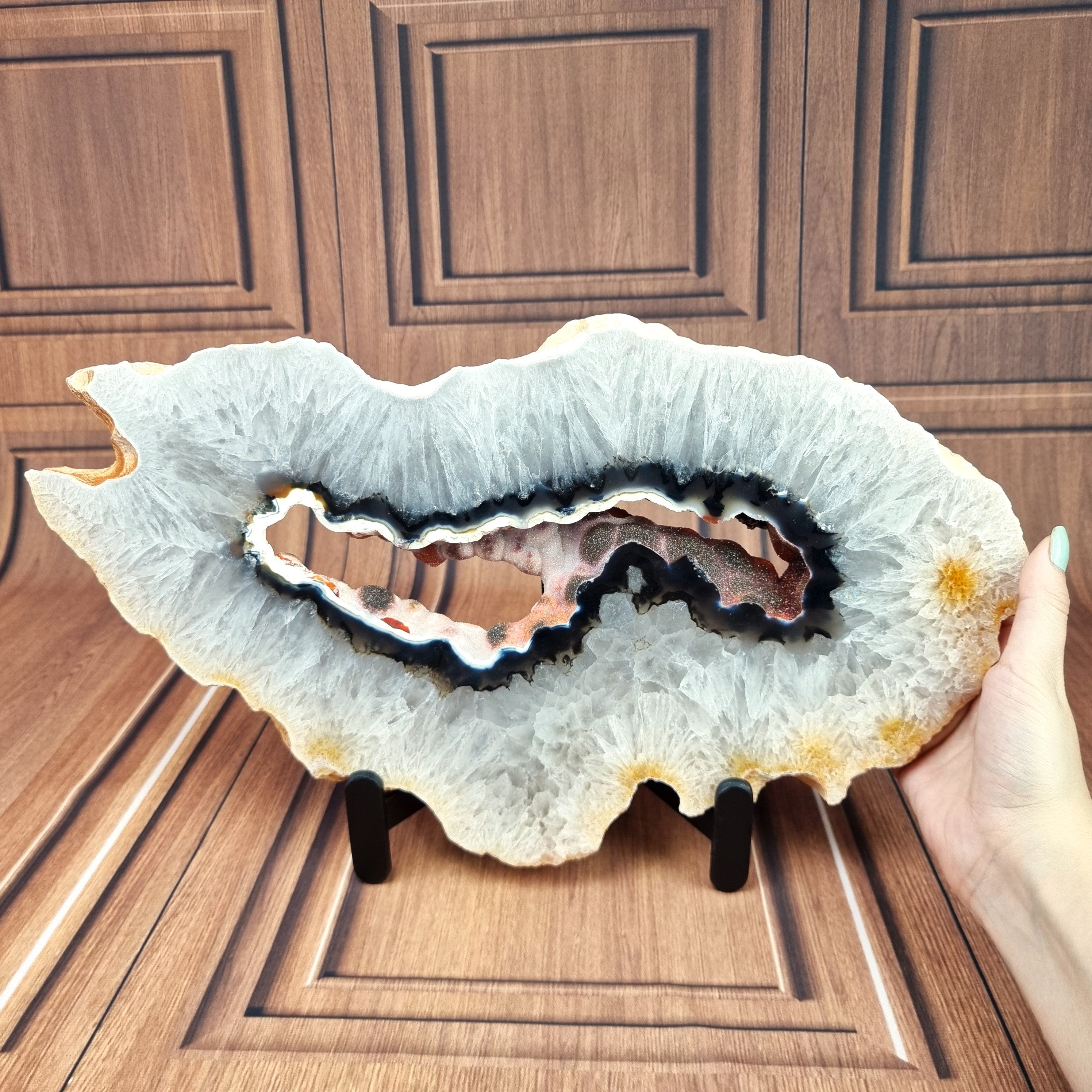 Large Agate 2 piece slab on Stand - Natural Agate Geode Slice - 2 piece set of natural agate slices on metal stand