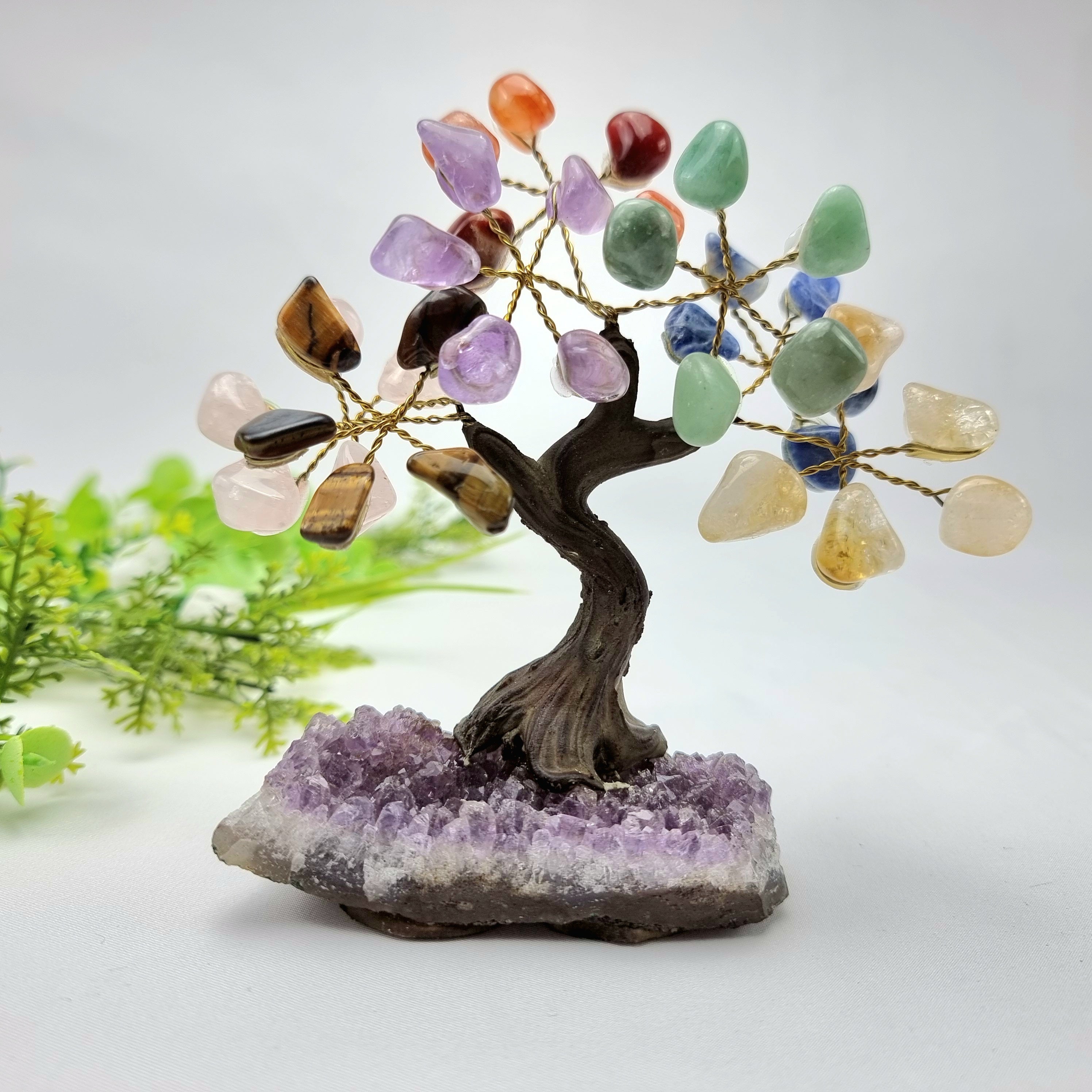 7 Chakra Gemstone Tree 5" Tall Handmade on a Amethyst base, 35 Gems and 7 Branches