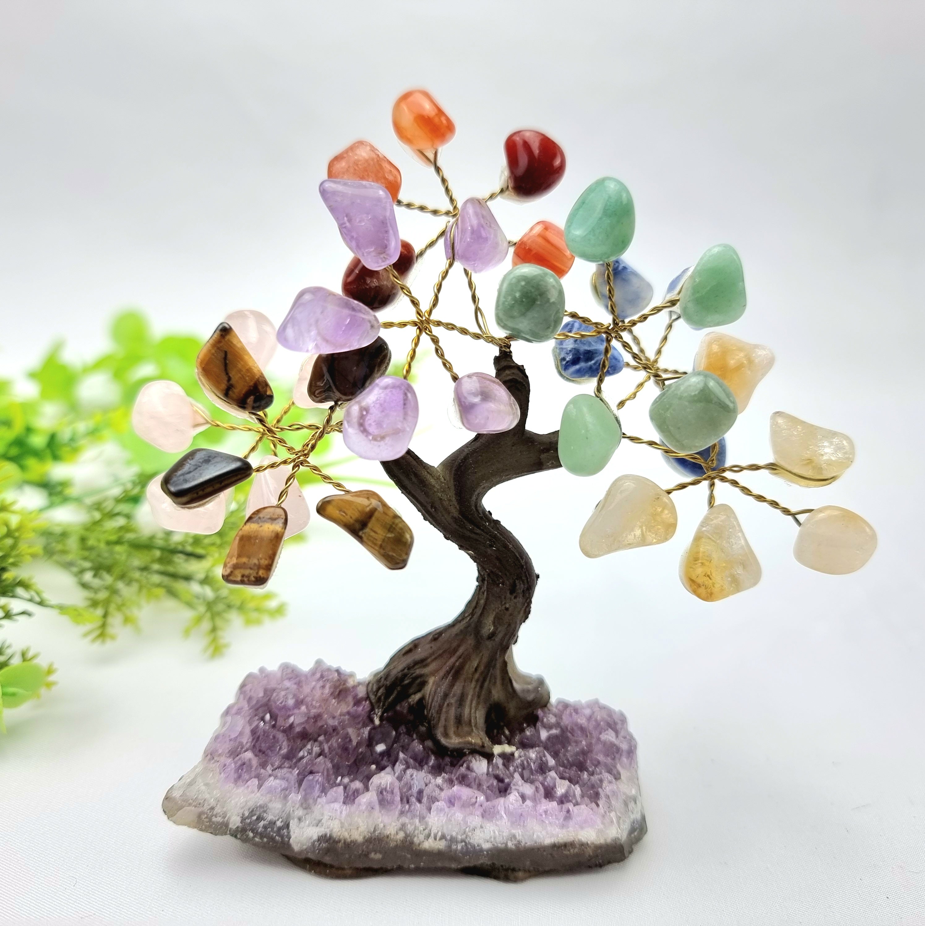 7 Chakra Gemstone Tree 5" Tall Handmade on a Amethyst base, 35 Gems and 7 Branches