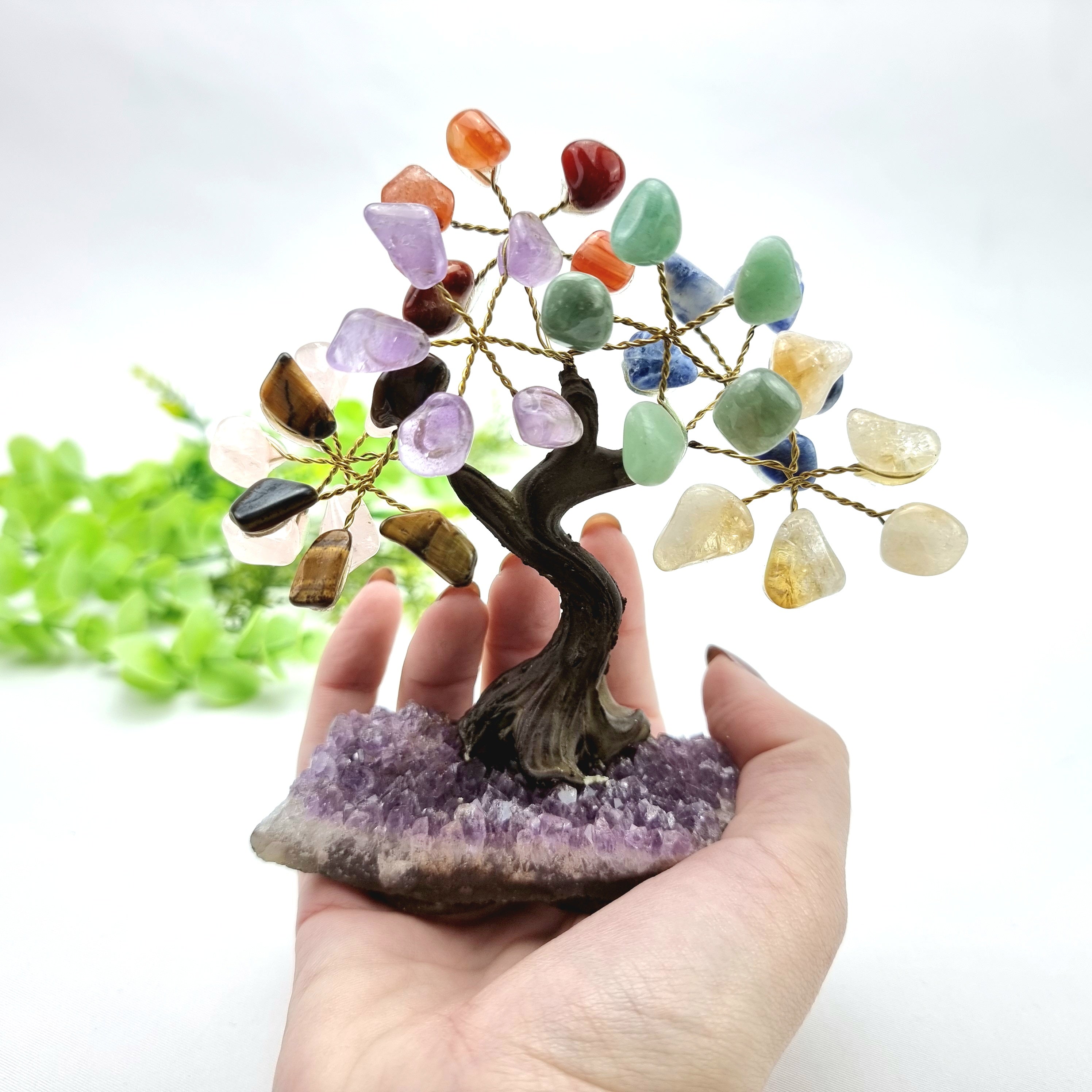 7 Chakra Gemstone Tree 5" Tall Handmade on a Amethyst base, 35 Gems and 7 Branches