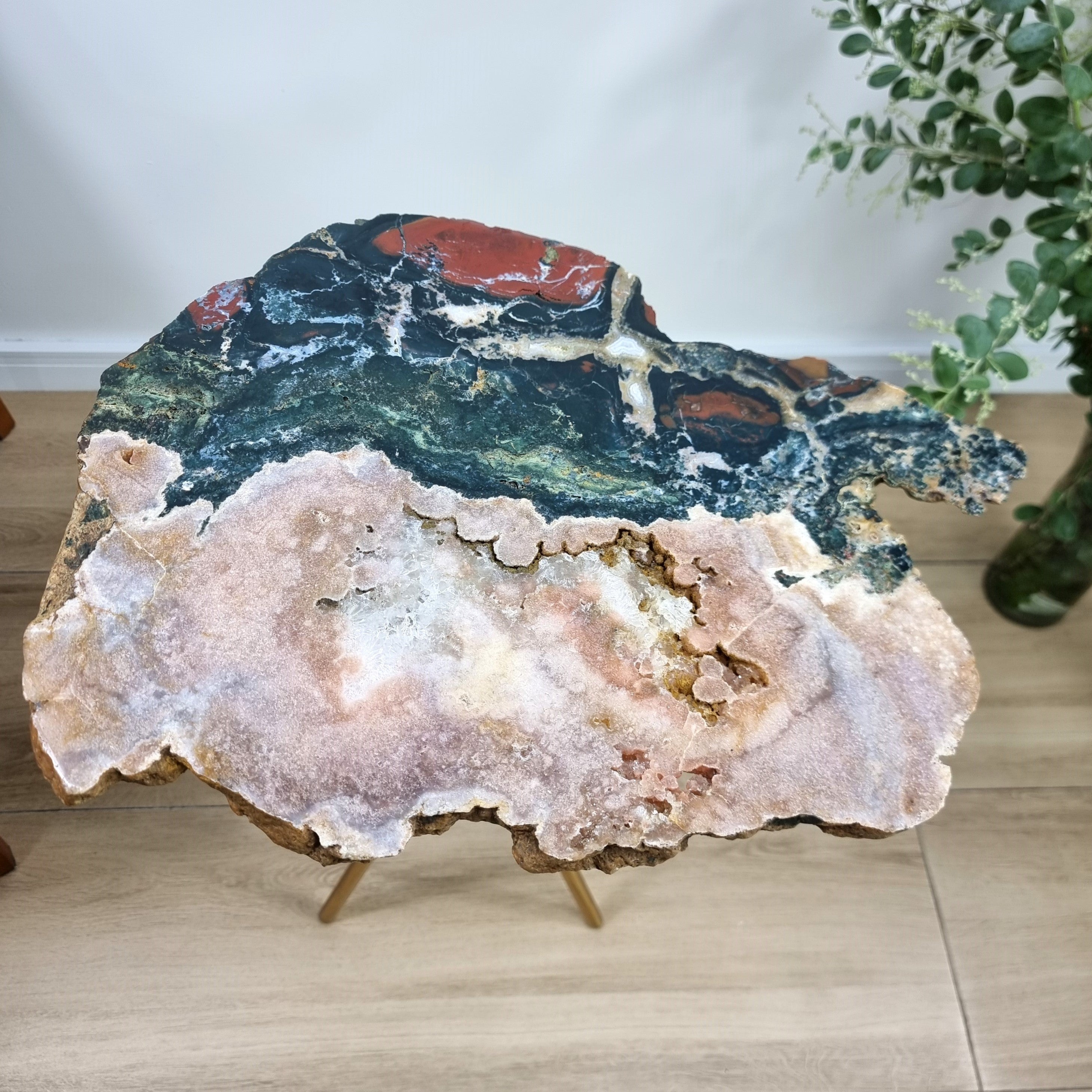 Side Table Pink Amethyst and Jaspe Crystal Table with black, PIece Unique