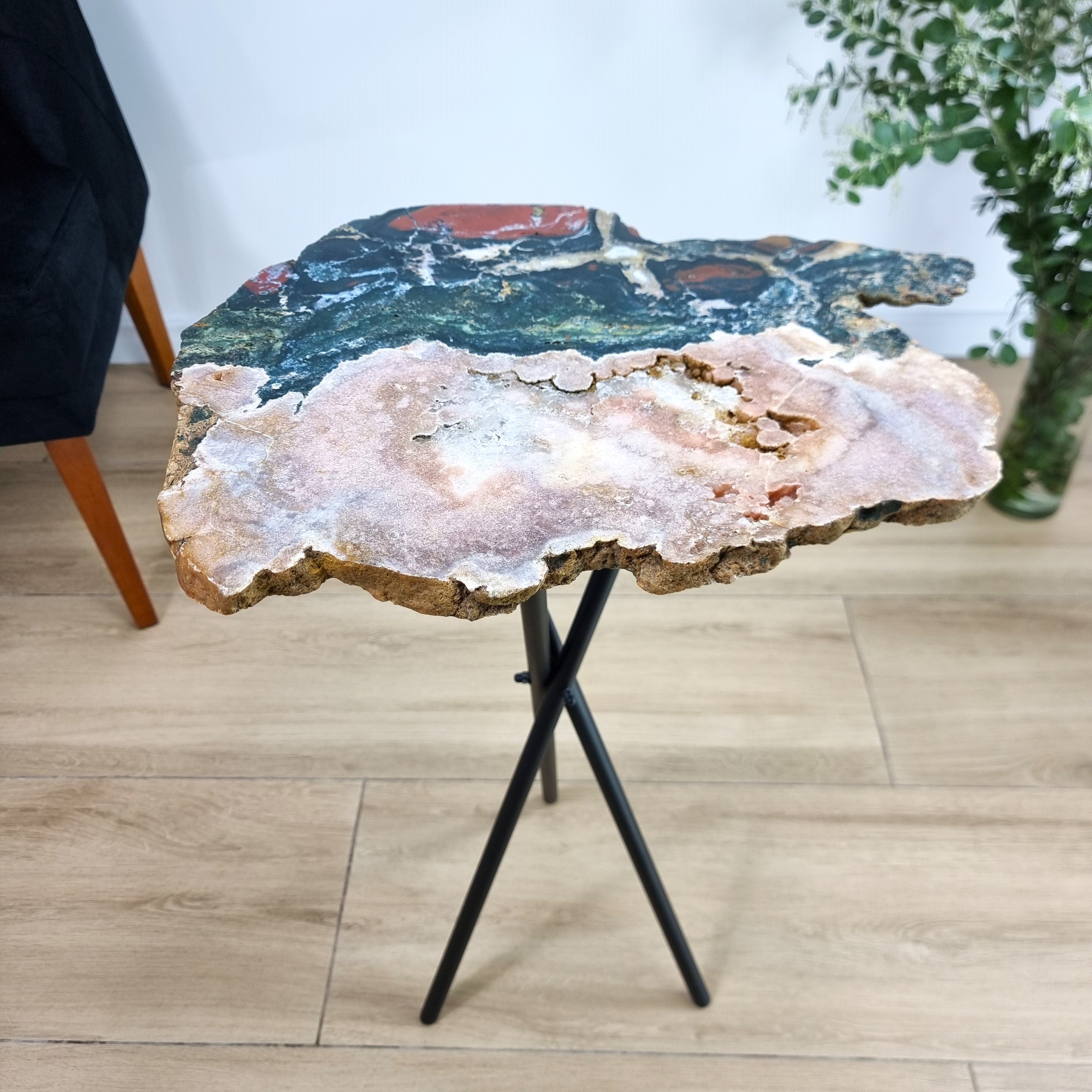 Side Table Pink Amethyst and Jaspe Crystal Table with black, PIece Unique