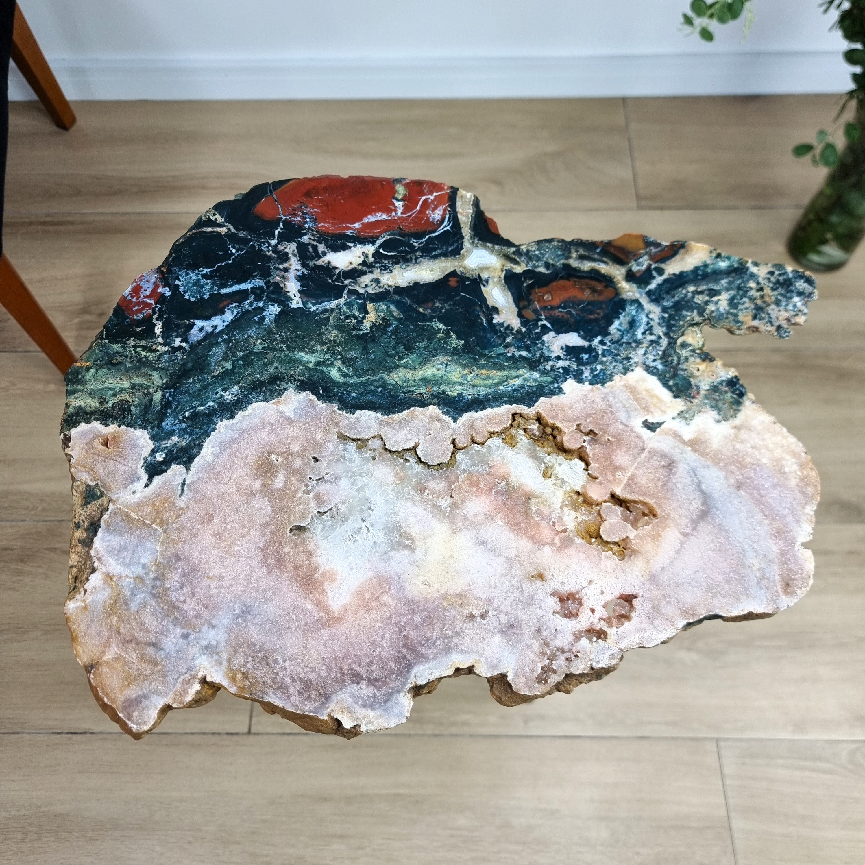 Side Table Pink Amethyst and Jaspe Crystal Table with black, PIece Unique