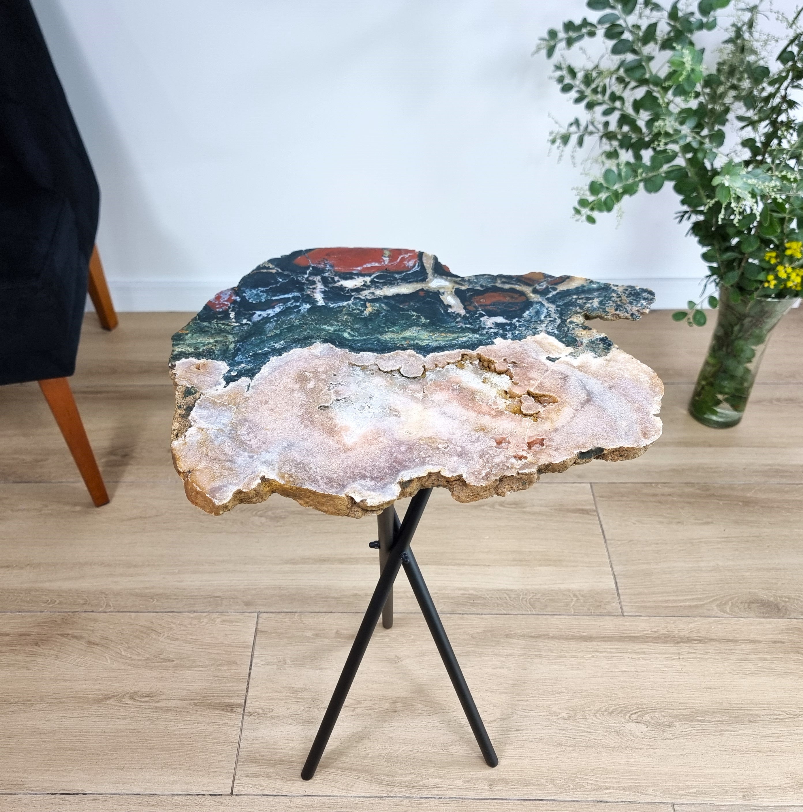 Side Table Pink Amethyst and Jaspe Crystal Table with black, PIece Unique