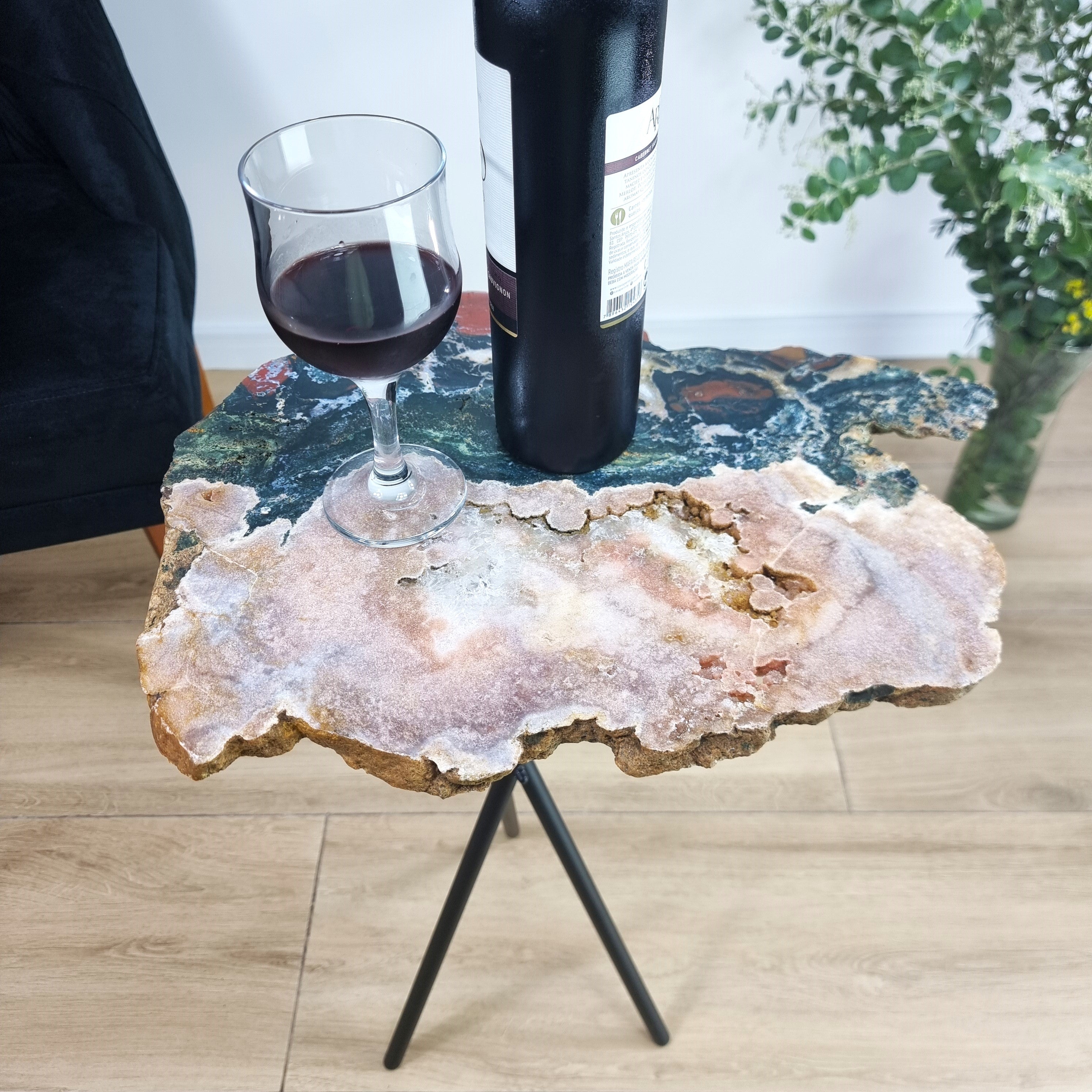 Side Table Pink Amethyst and Jaspe Crystal Table with black, PIece Unique