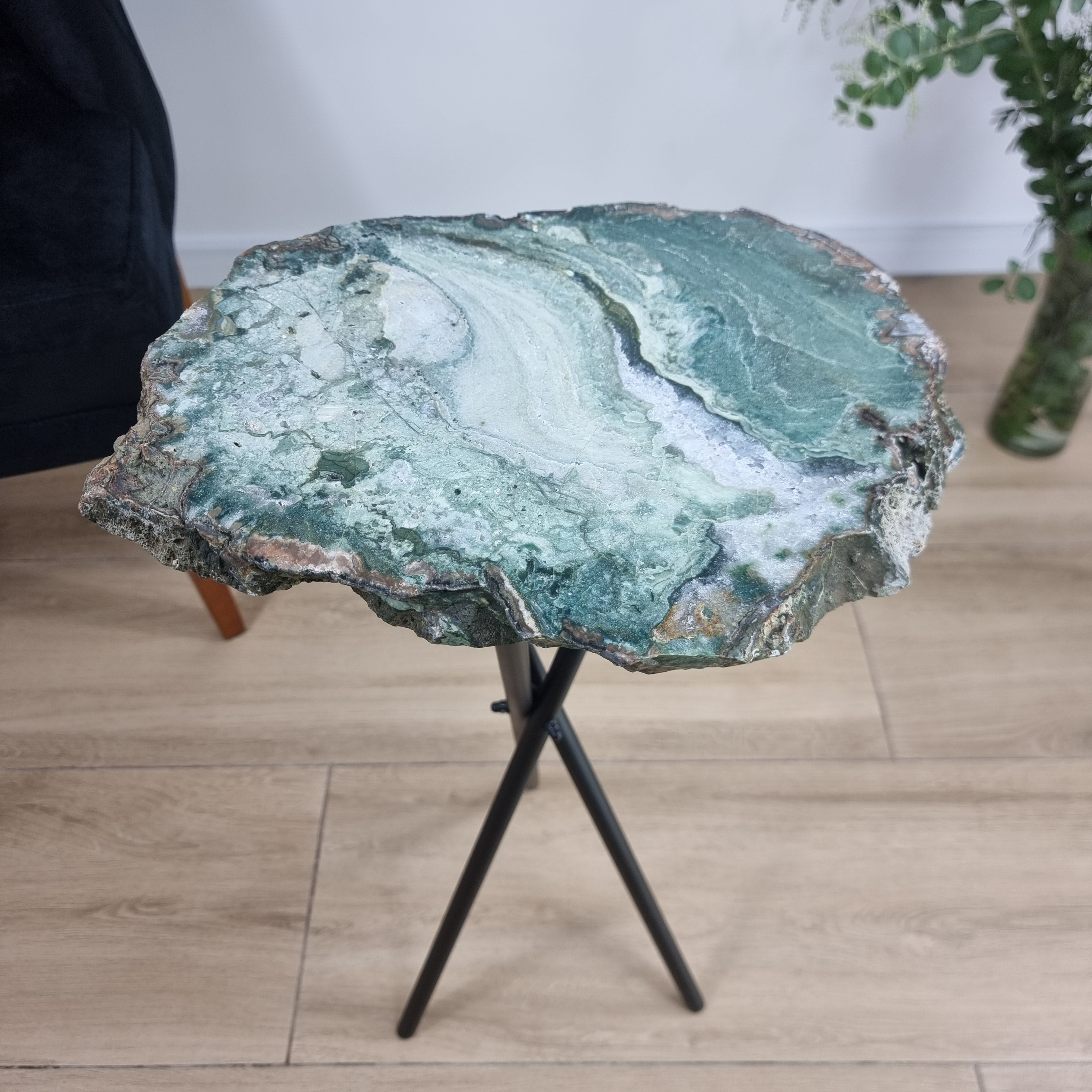 Green Agate Side Table | Black Tripod Base | 60 cm Height - BR Crystals Handmade Piece