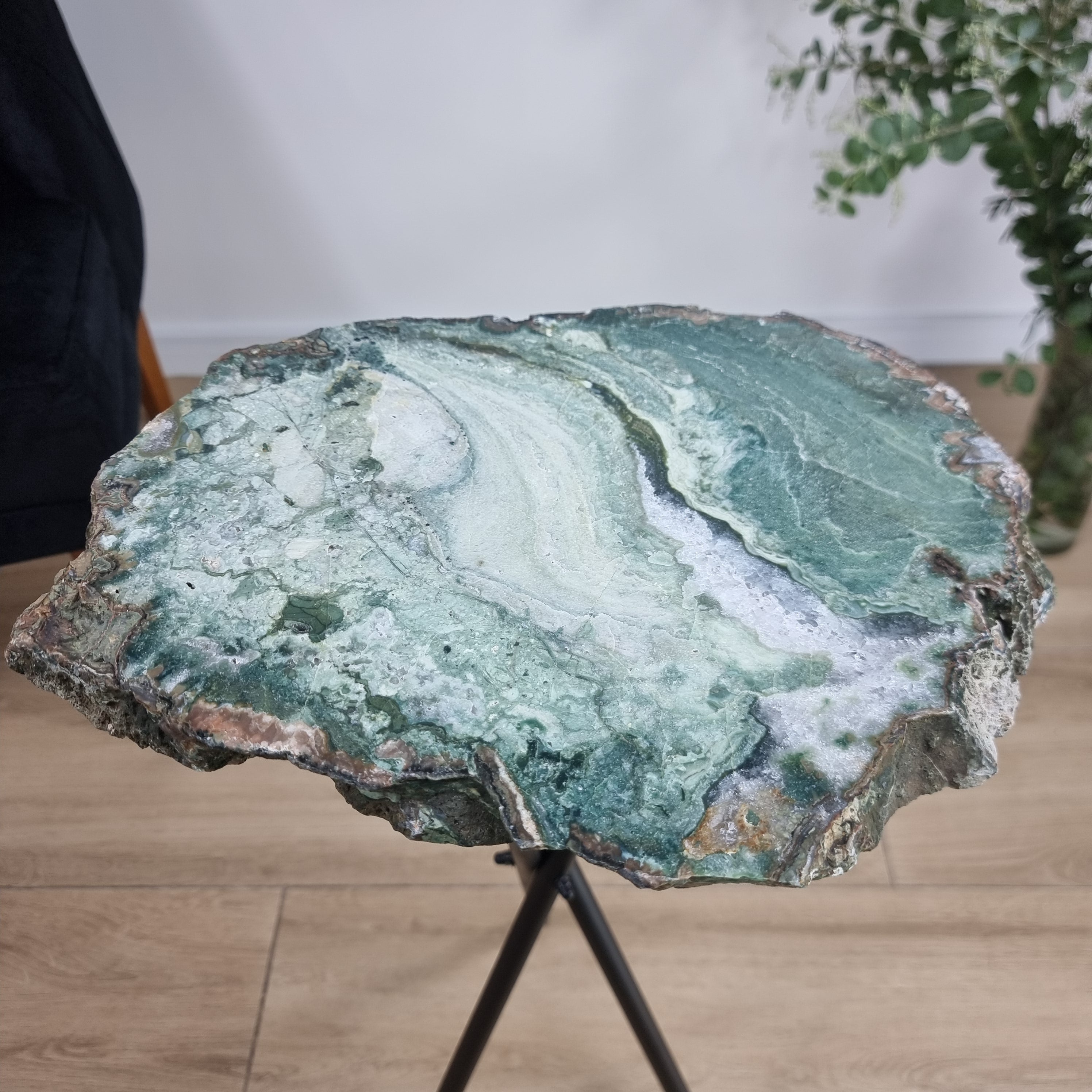Green Agate Side Table | Black Tripod Base | 60 cm Height - BR Crystals Handmade Piece