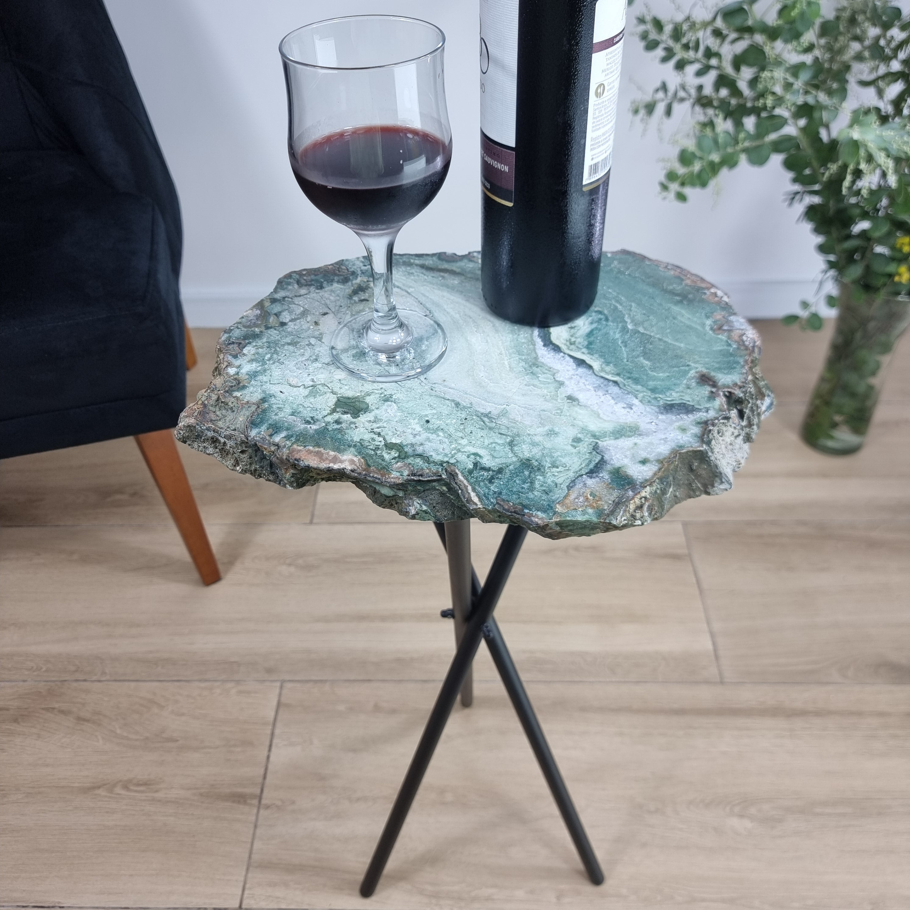 Green Agate Side Table | Black Tripod Base | 60 cm Height - BR Crystals Handmade Piece
