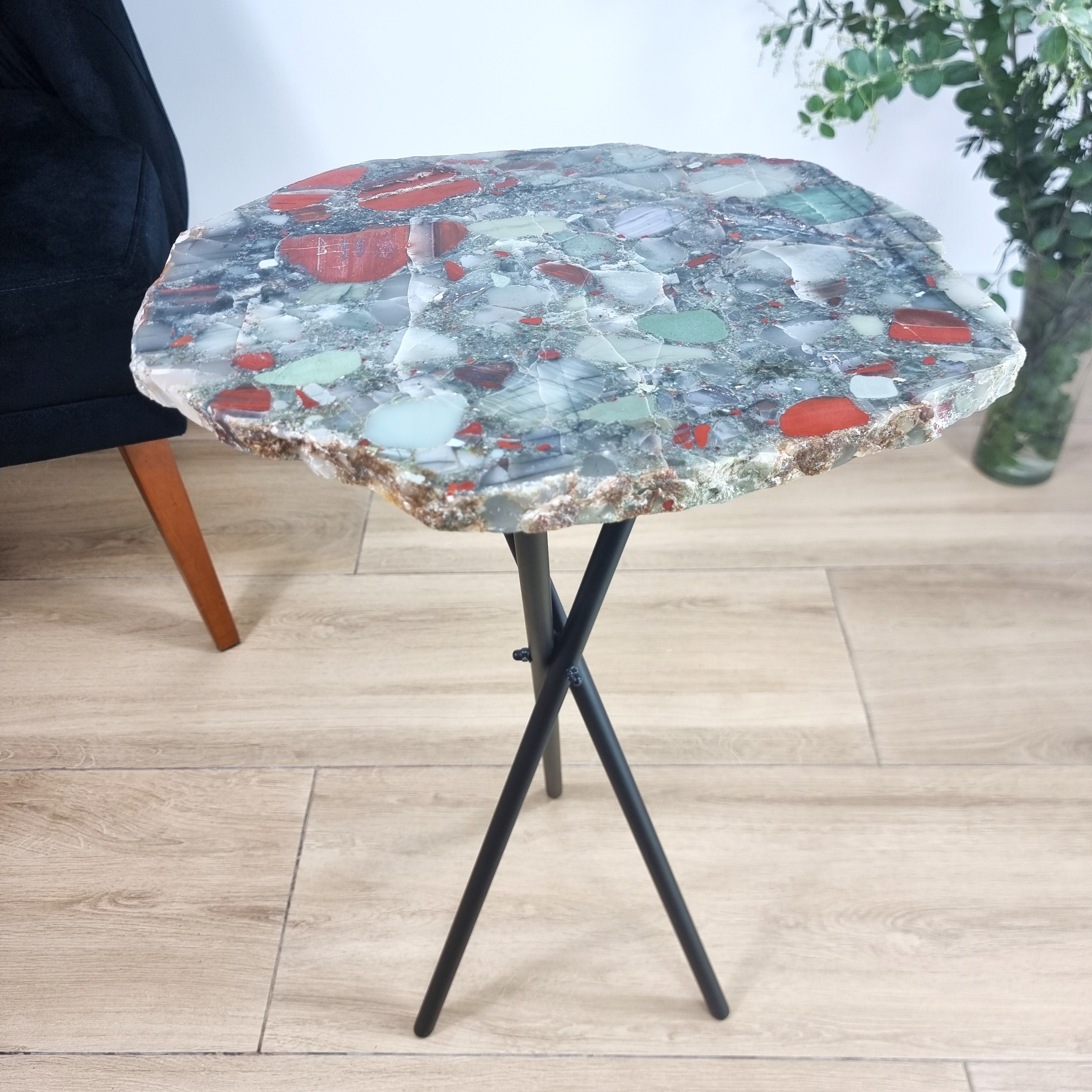 Bloodstone Crystal Side Table - Natural Bloodstone Jasper Side Table on Black Metal Base