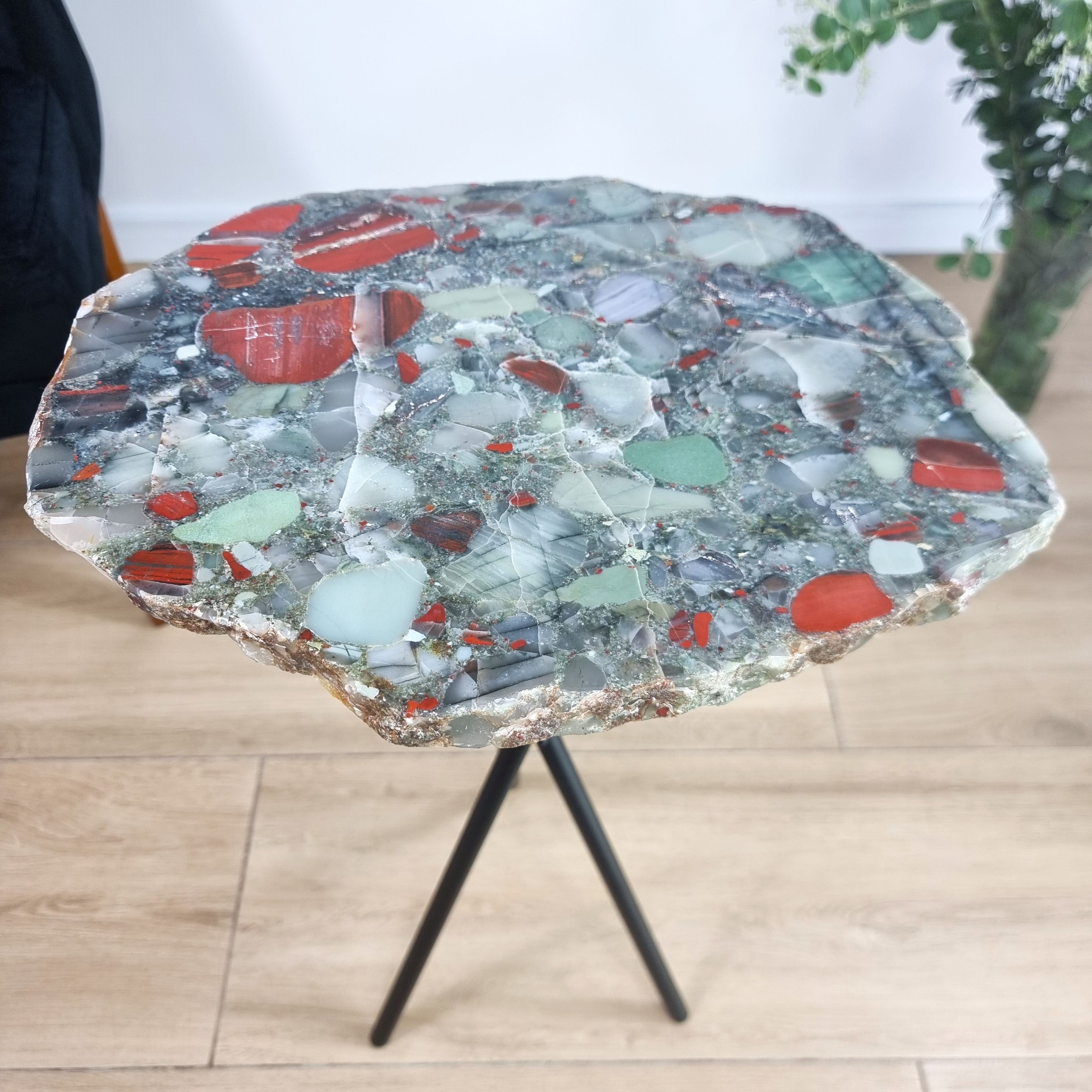 Bloodstone Crystal Side Table - Natural Bloodstone Jasper Side Table on Black Metal Base