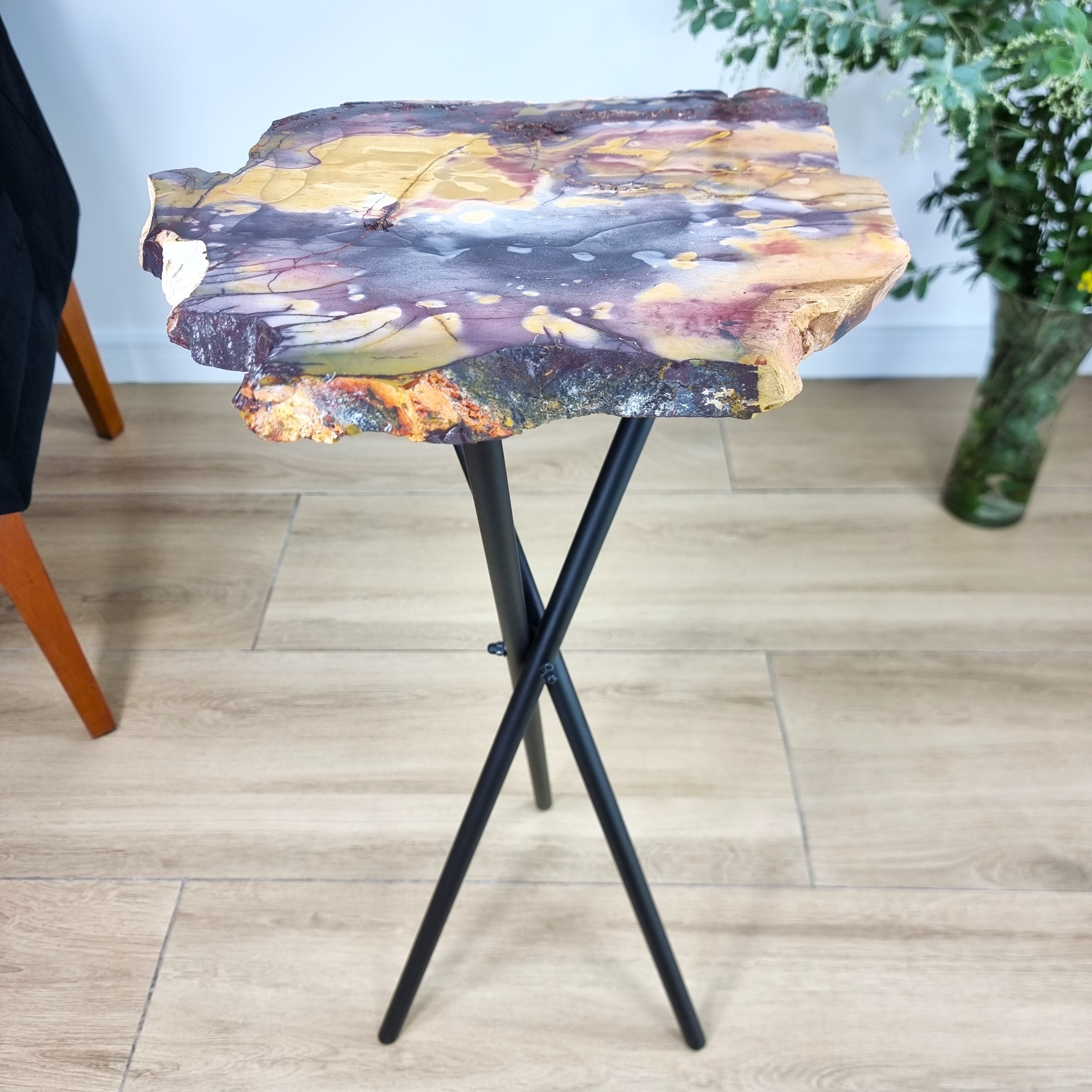 Mookaite Stone Side Table - Crystal end table with black legs 23 inches high, total weight 10 lb