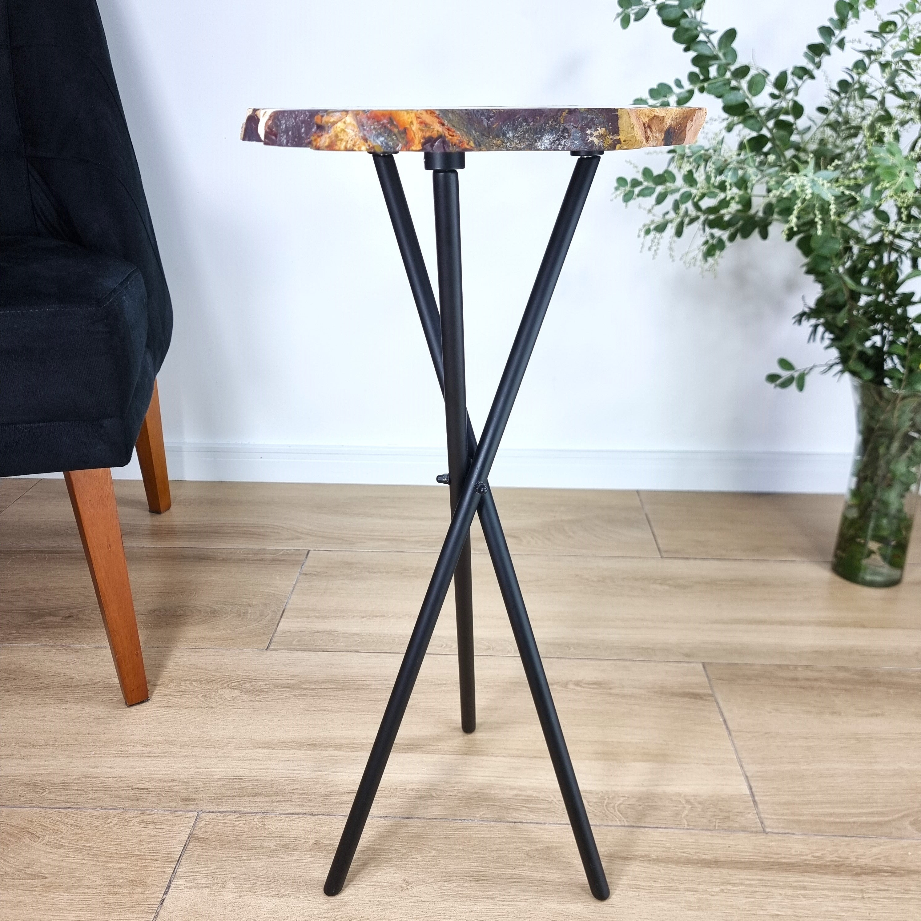 Mookaite Stone Side Table - Crystal end table with black legs 23 inches high, total weight 10 lb