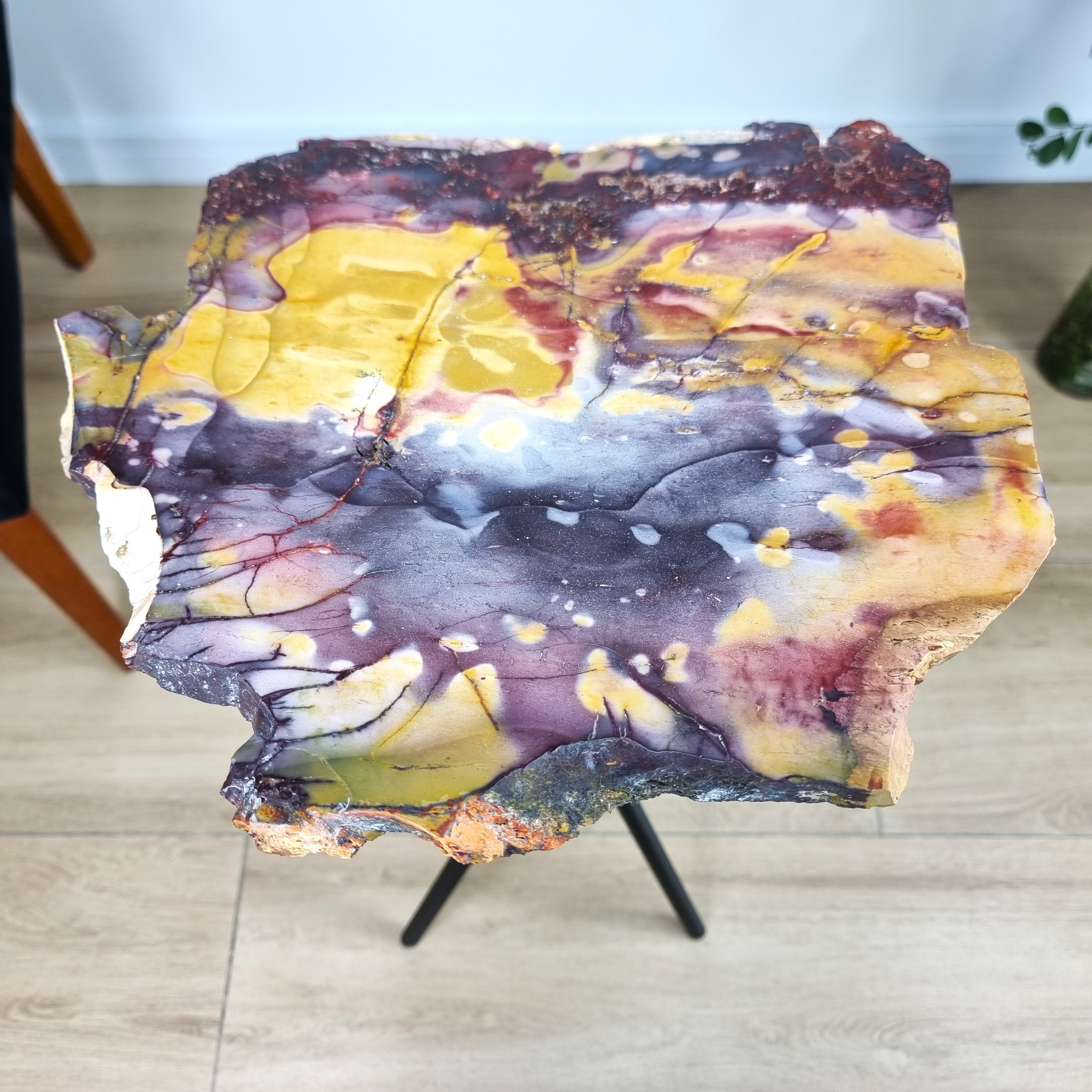 Mookaite Stone Side Table - Crystal end table with black legs 23 inches high, total weight 10 lb