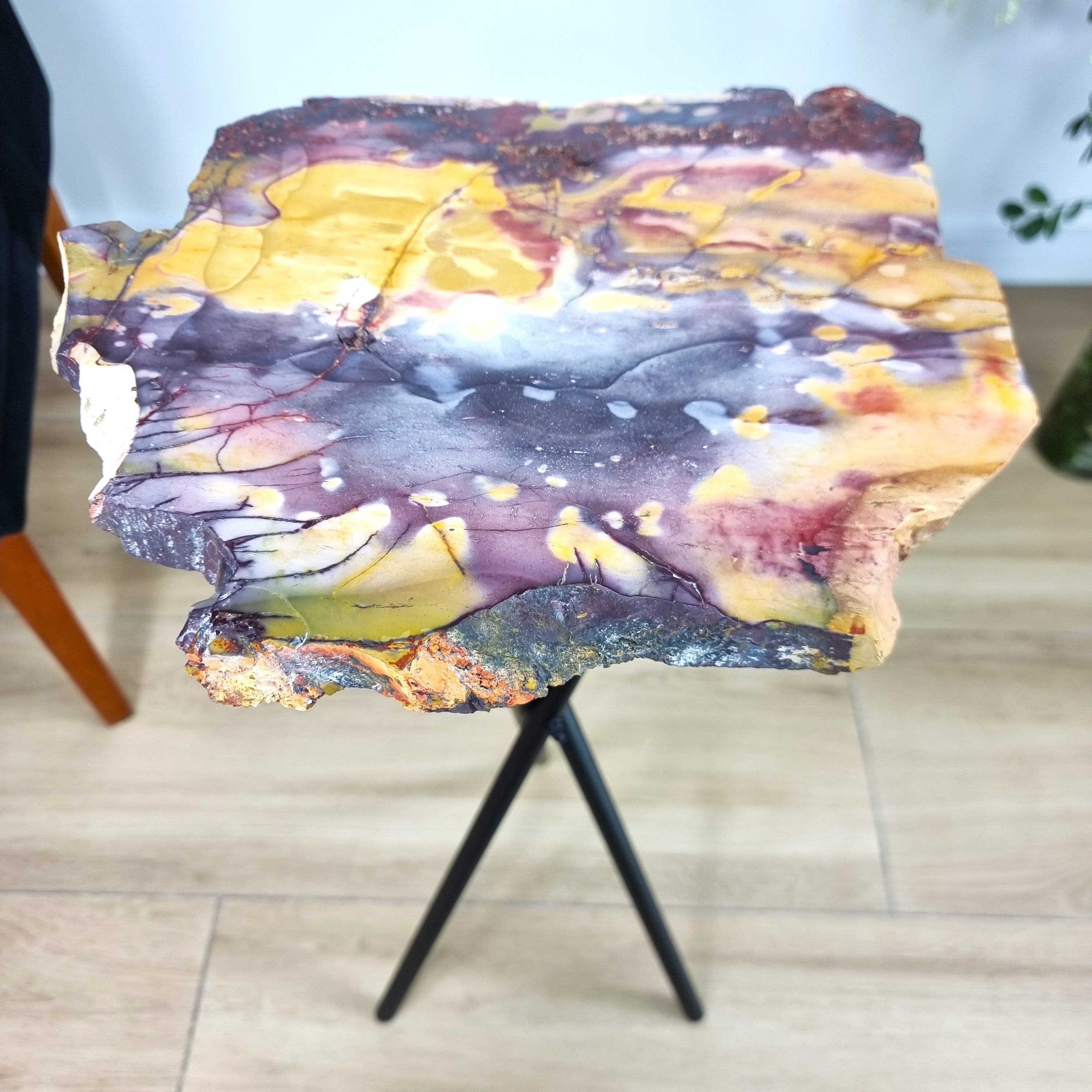 Mookaite Stone Side Table - Crystal end table with black legs 23 inches high, total weight 10 lb