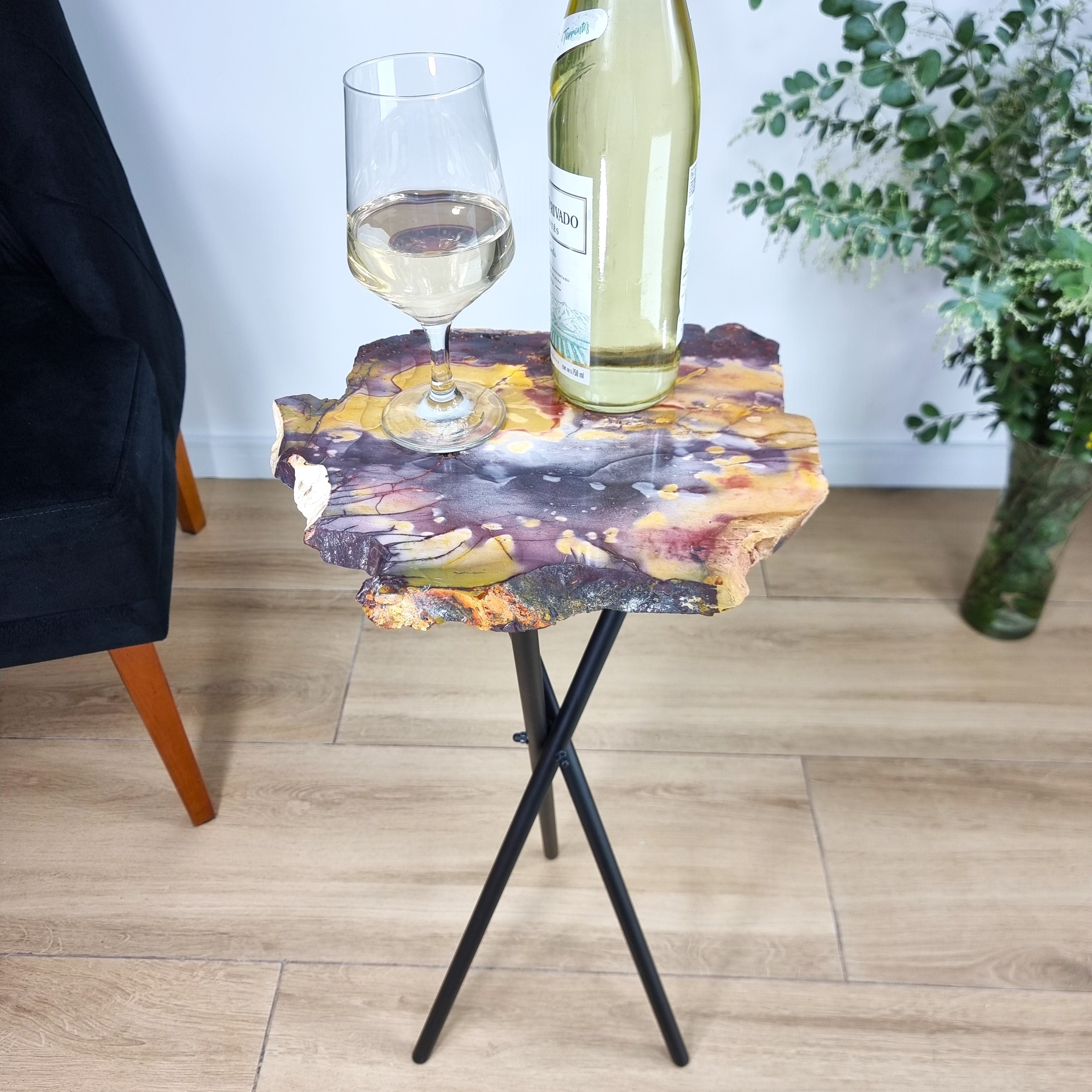 Mookaite Stone Side Table - Crystal end table with black legs 23 inches high, total weight 10 lb