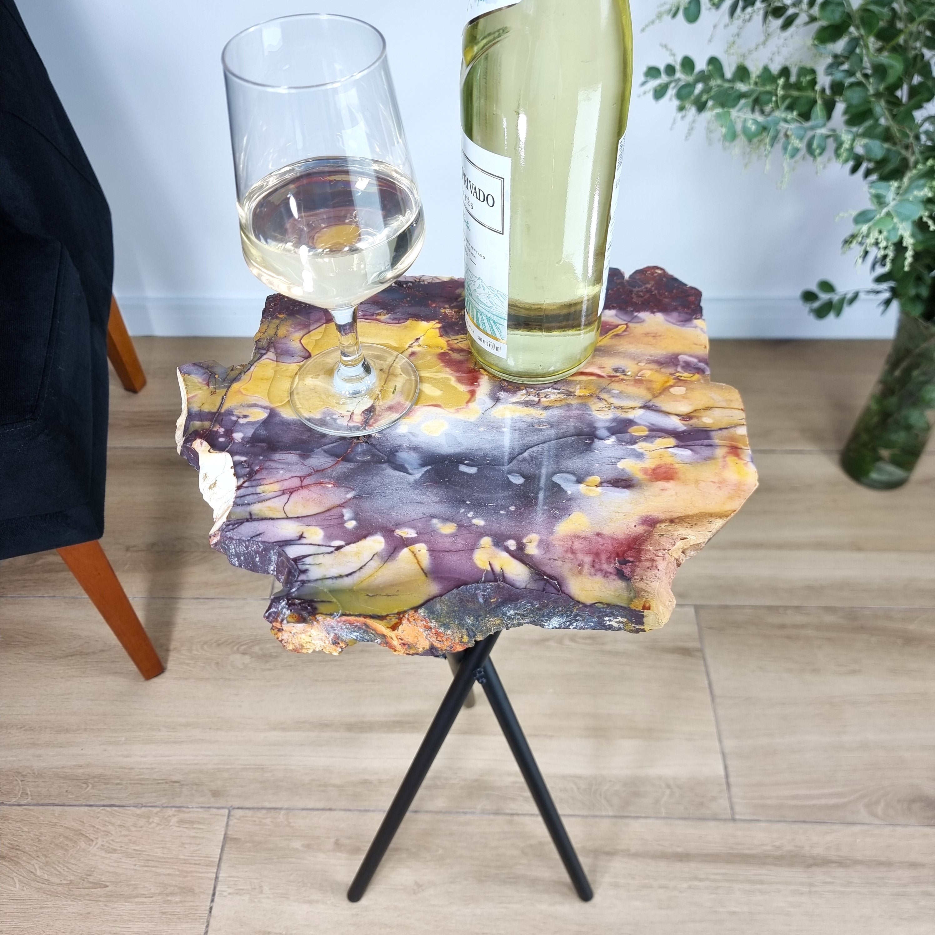Mookaite Stone Side Table - Crystal end table with black legs 23 inches high, total weight 10 lb