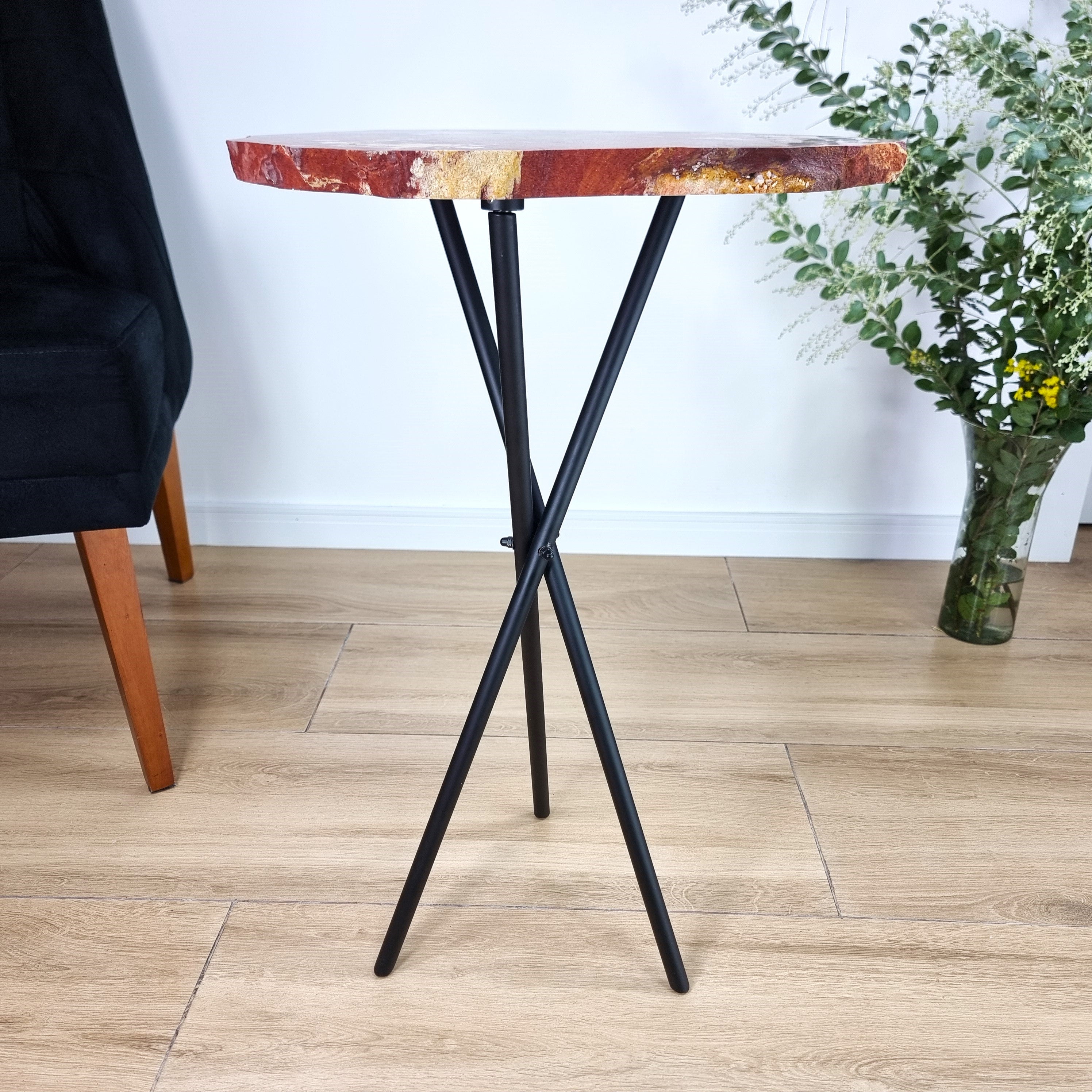 Red Jasper Side Table - Red Jasper Stone Table Top with with Black legs 23 inches high, total weight 11 pounds