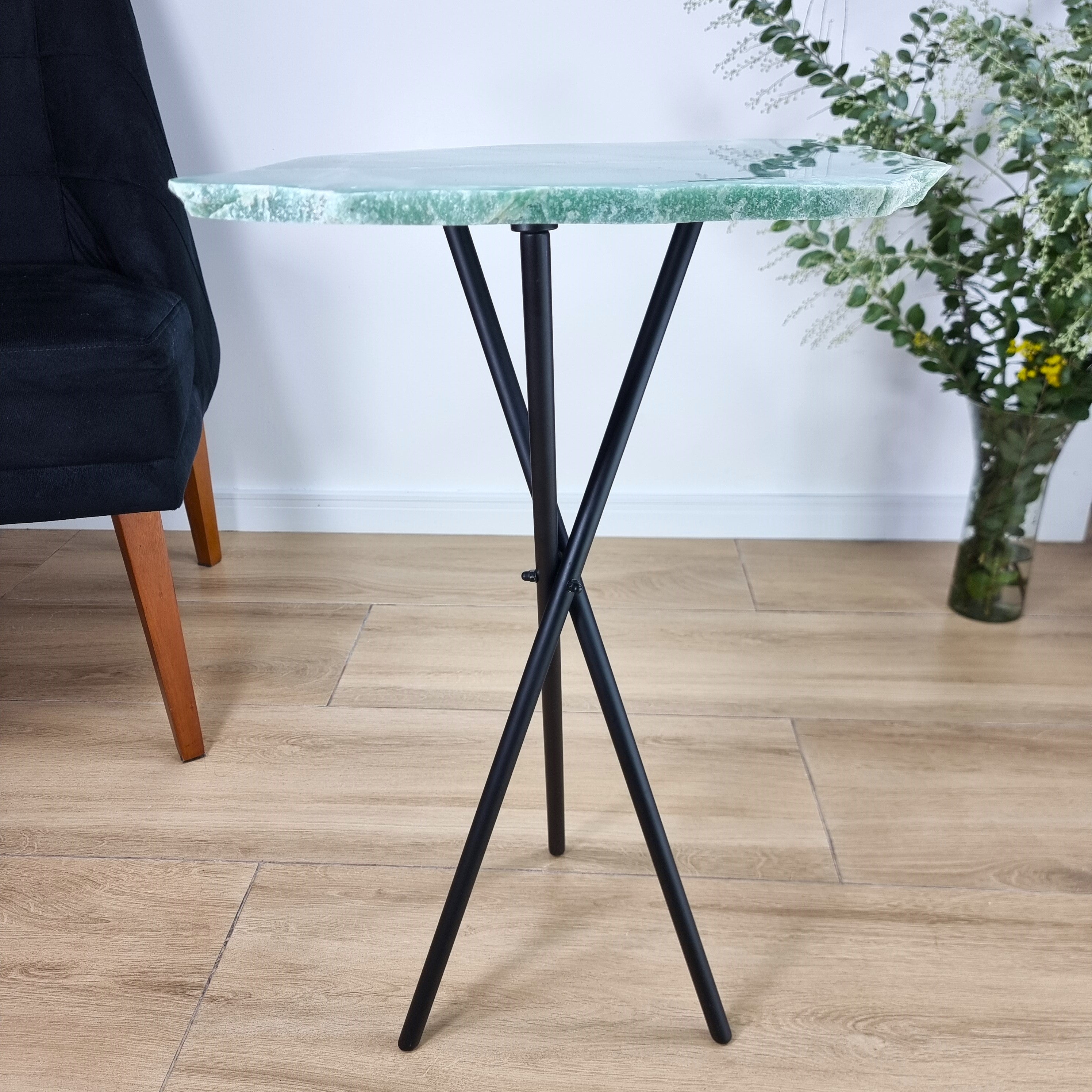 Green Quartz Side Table - Crystal Table with black legs 23 inches high, total weight 12 pounds