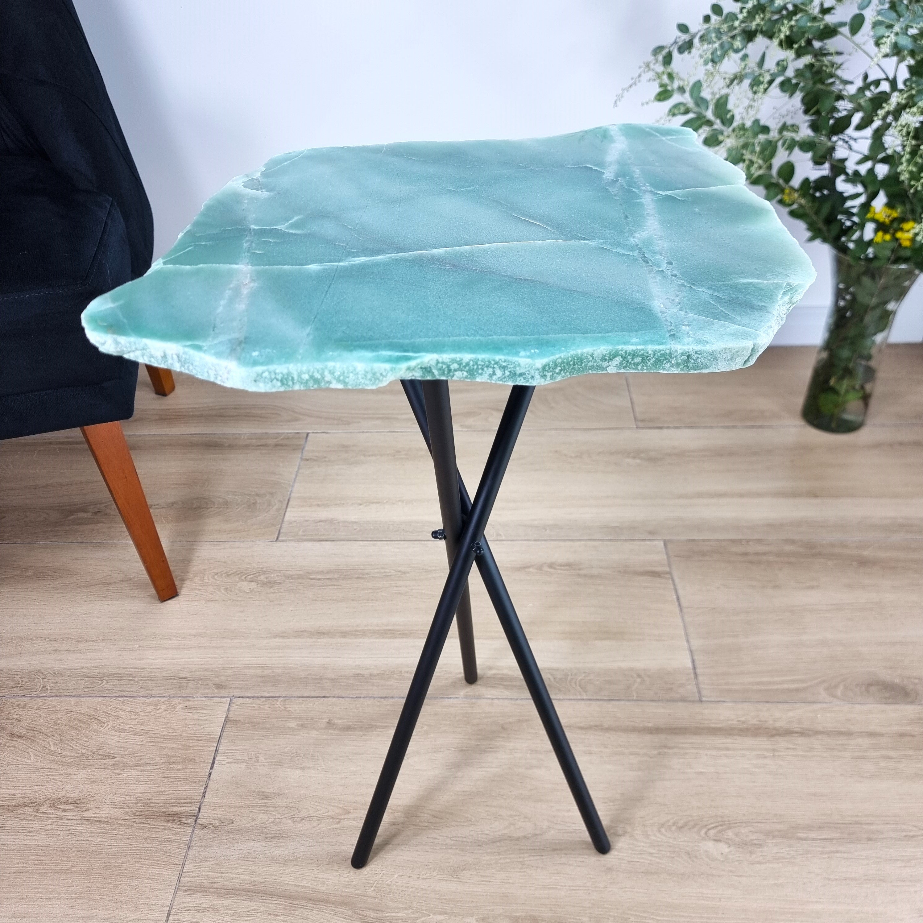 Green Quartz Side Table - Crystal Table with black legs 23 inches high, total weight 12 pounds