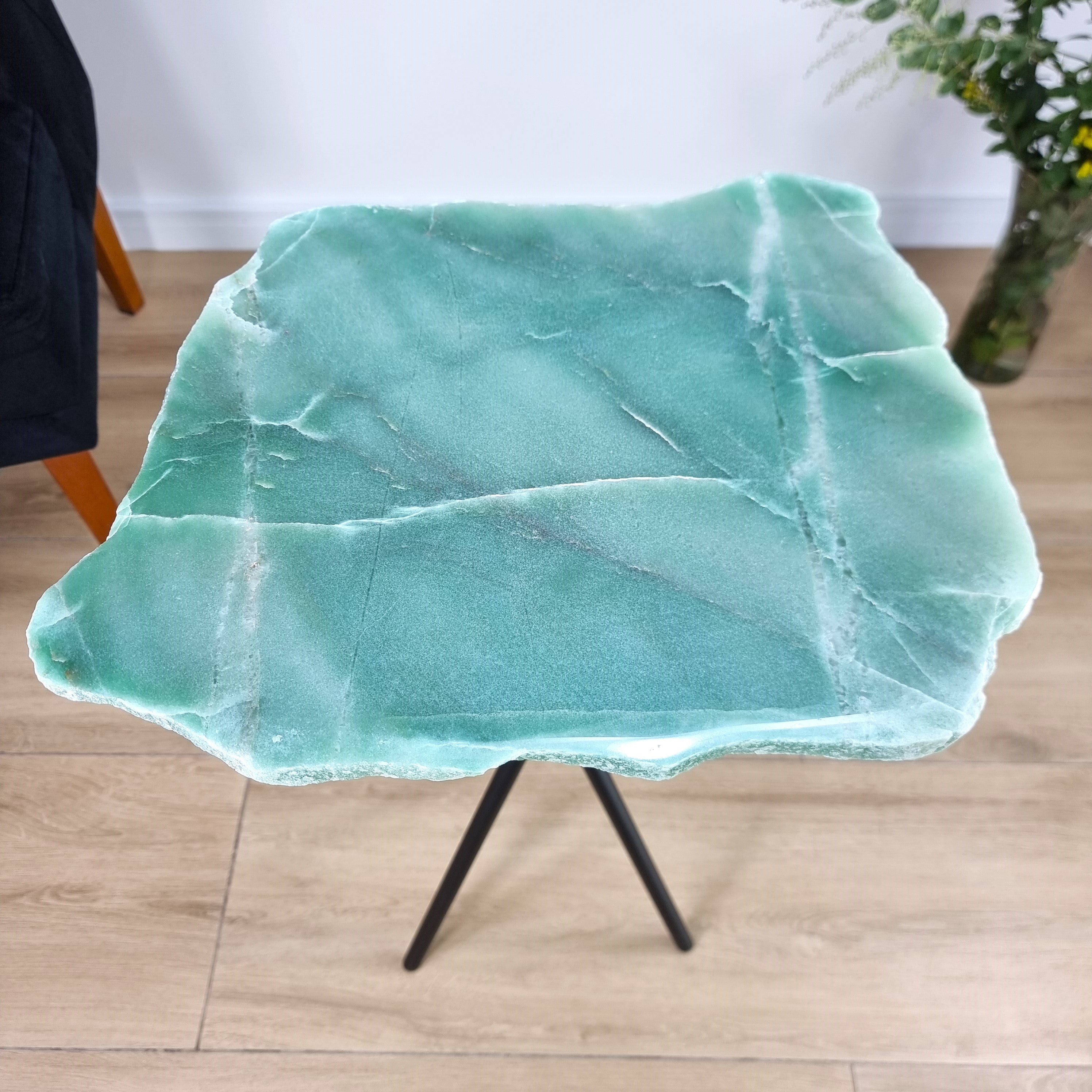 Green Quartz Side Table - Crystal Table with black legs 23 inches high, total weight 12 pounds