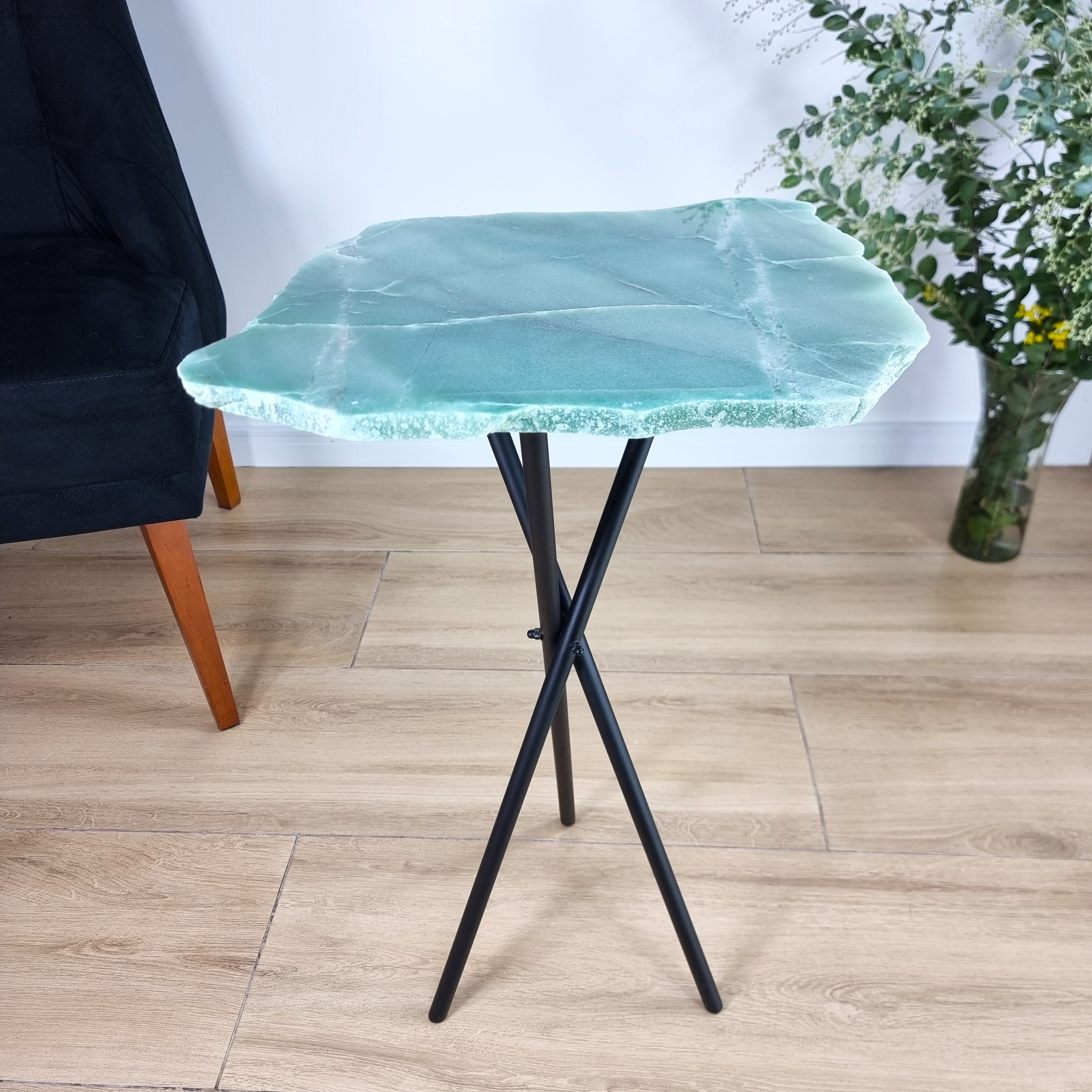 Green Quartz Side Table - Crystal Table with black legs 23 inches high, total weight 12 pounds