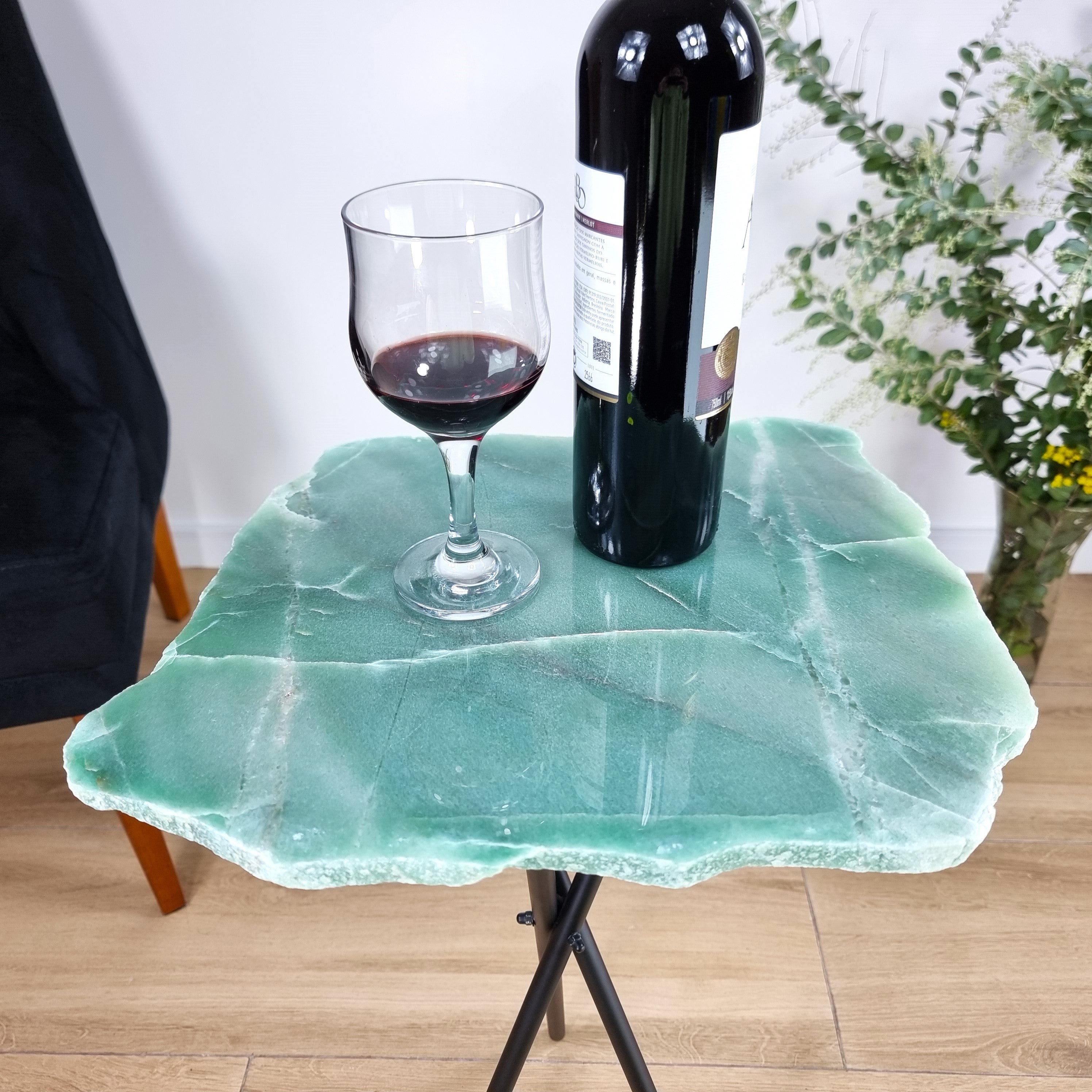 Green Quartz Side Table - Crystal Table with black legs 23 inches high, total weight 12 pounds