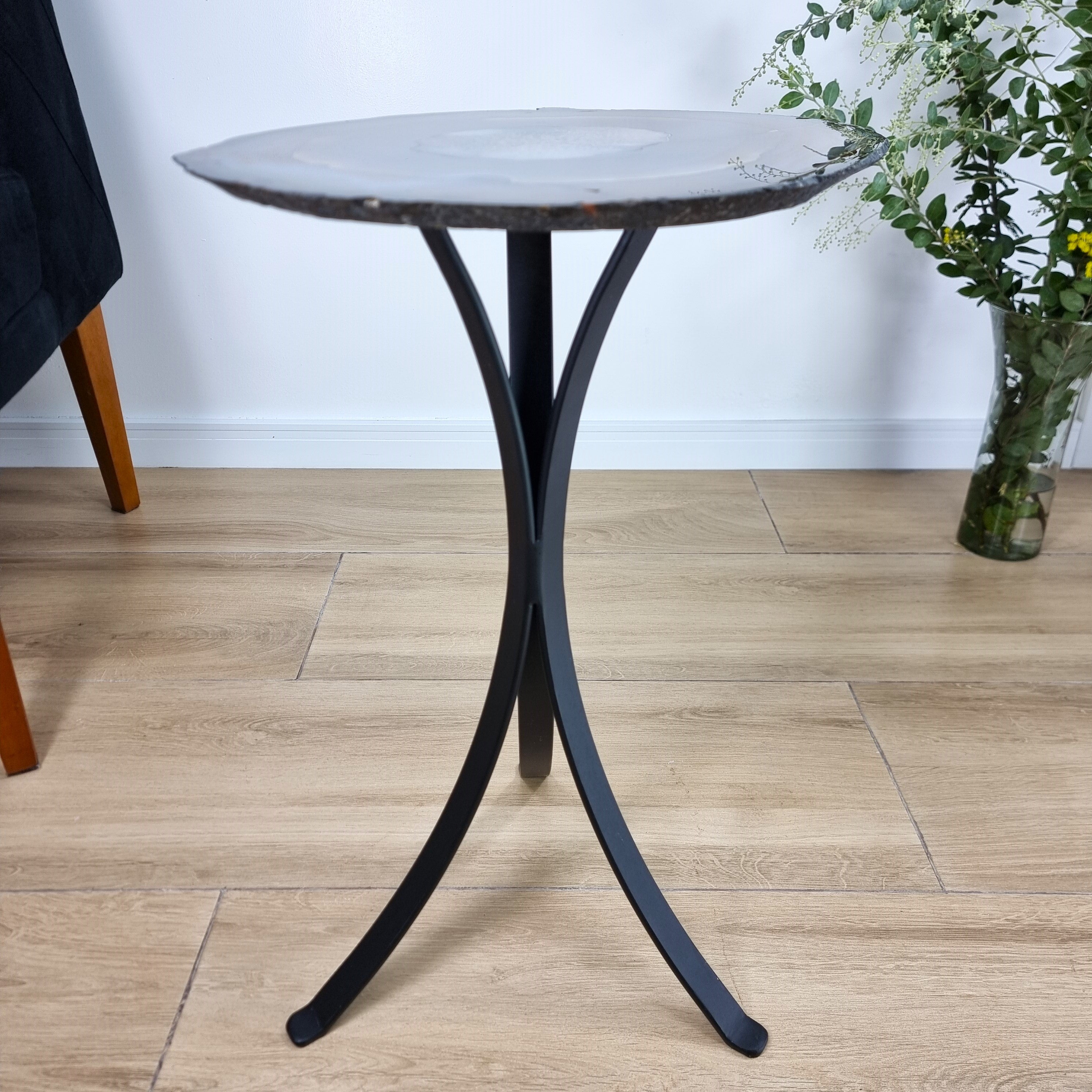 Natural Brazilian Agate Side Table on a black metal base 23 inches high, total weight 11 pounds