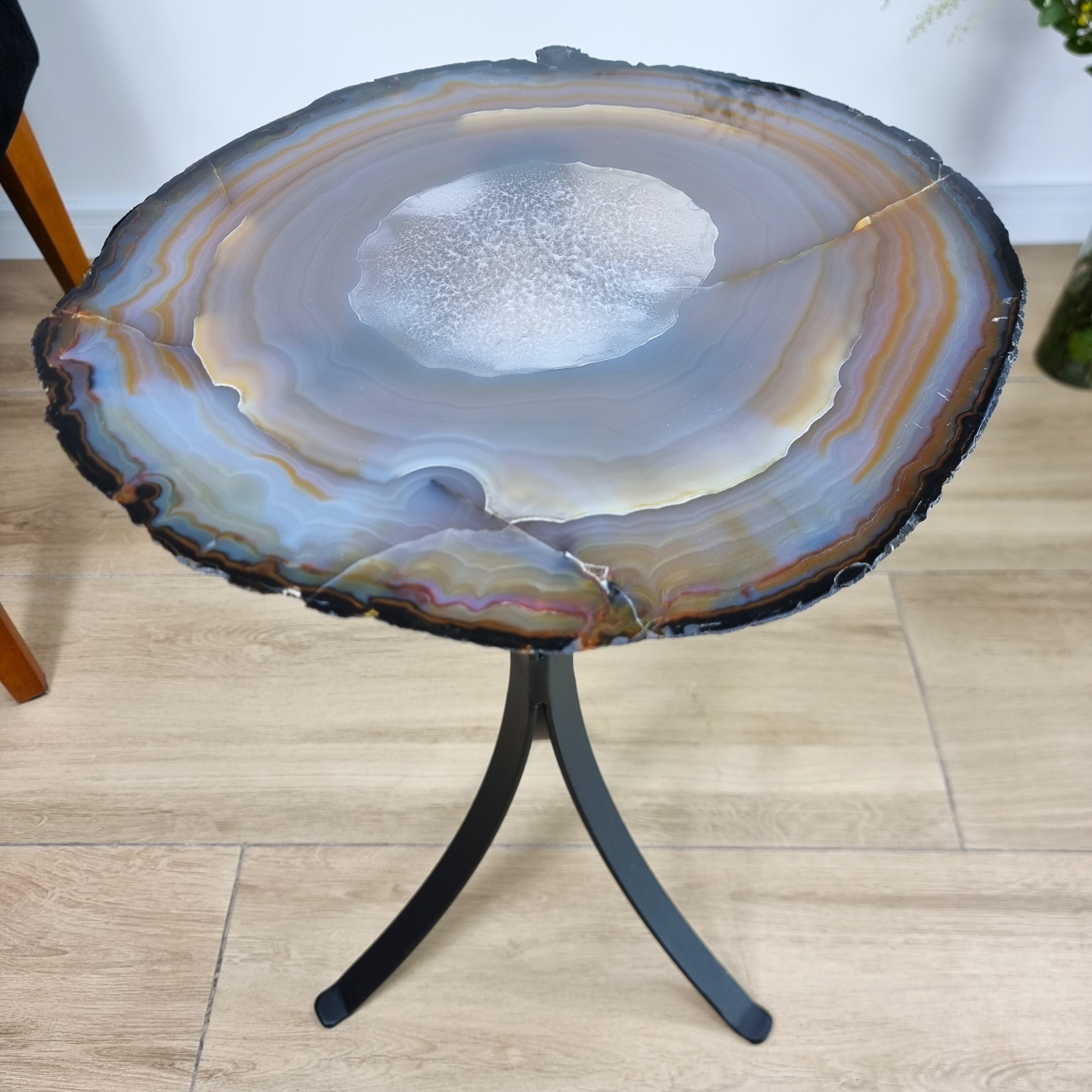 Natural Brazilian Agate Side Table on a black metal base 23 inches high, total weight 11 pounds