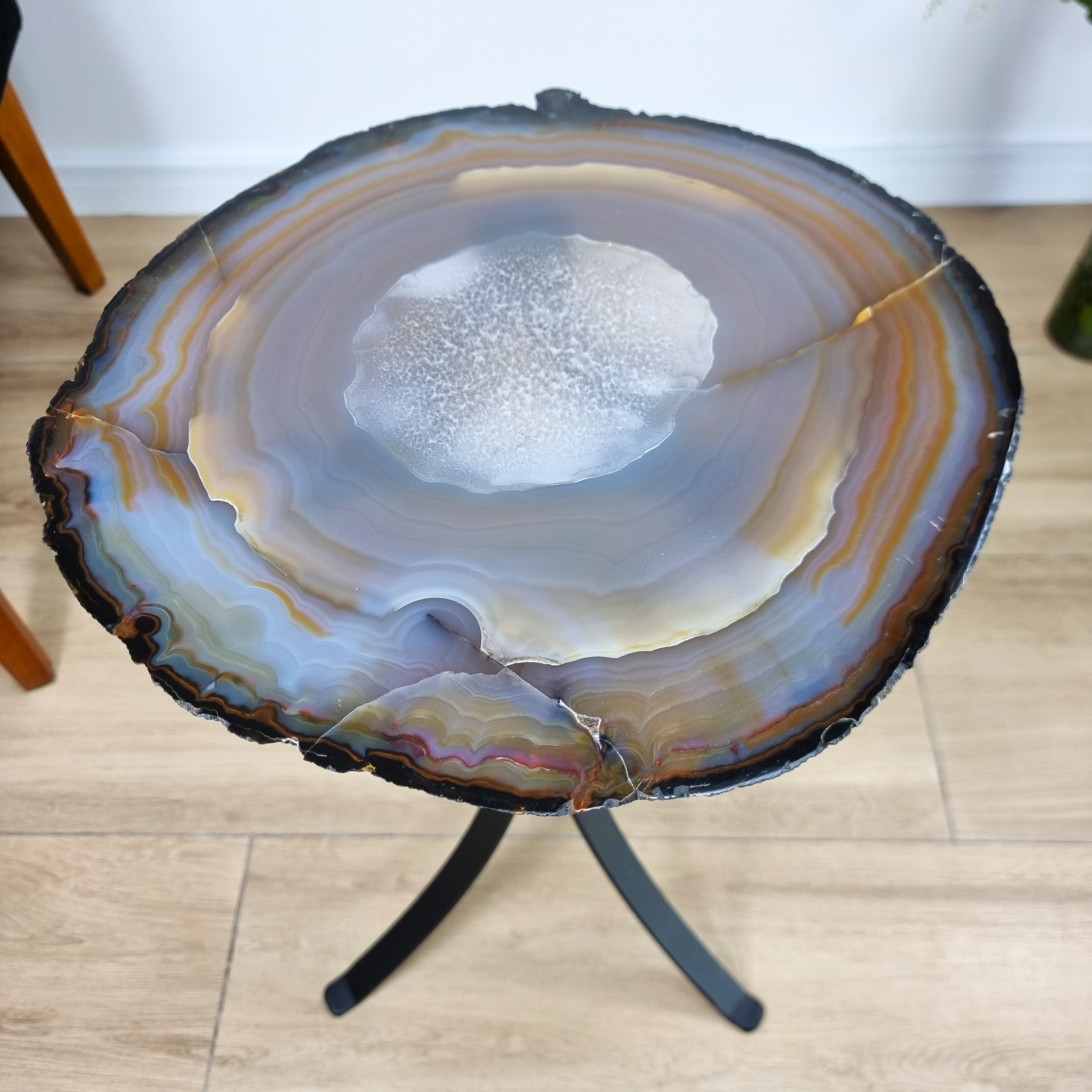 Natural Brazilian Agate Side Table on a black metal base 23 inches high, total weight 11 pounds