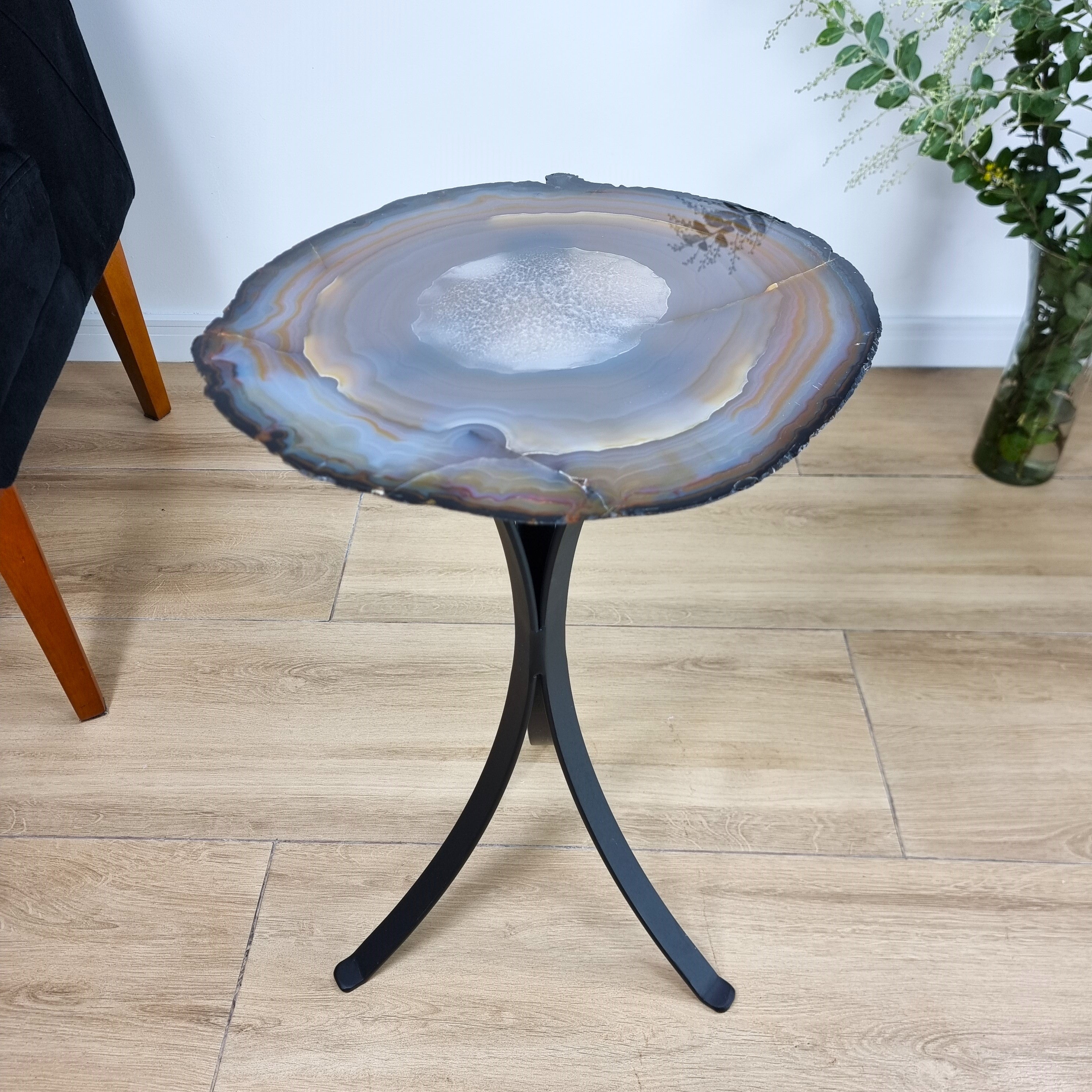 Natural Brazilian Agate Side Table on a black metal base 23 inches high, total weight 11 pounds