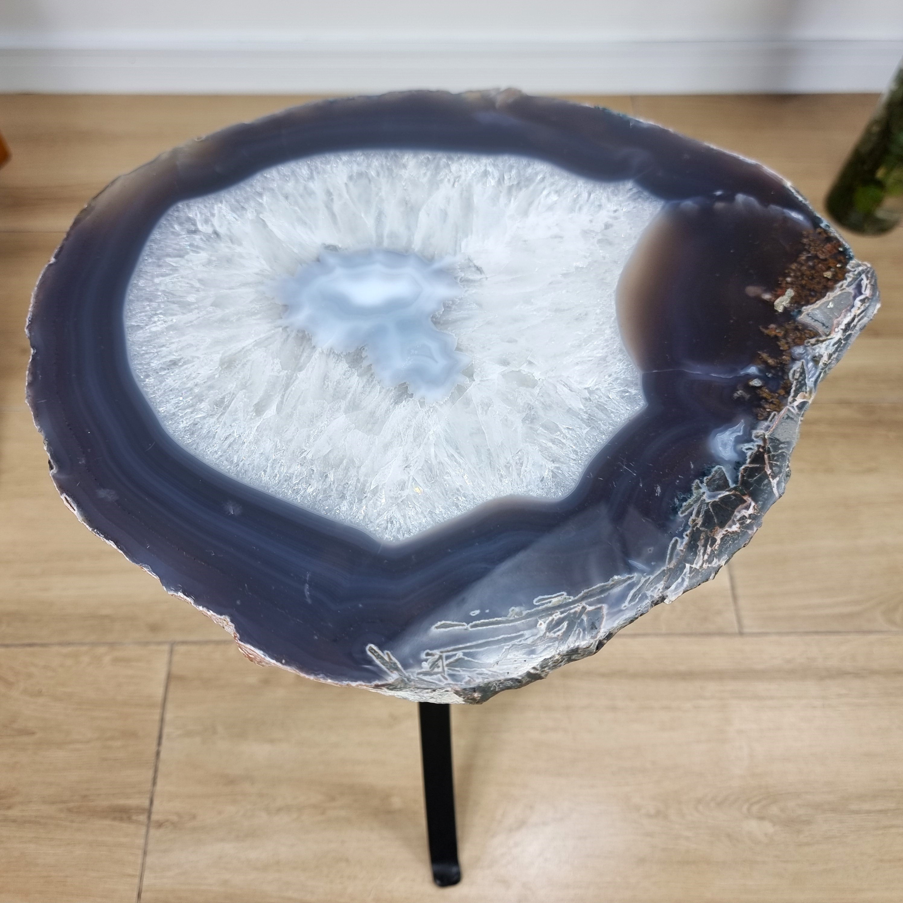 Natural Brazilian Agate Side Table on a black metal base 23 inches high, total weight 14 pounds